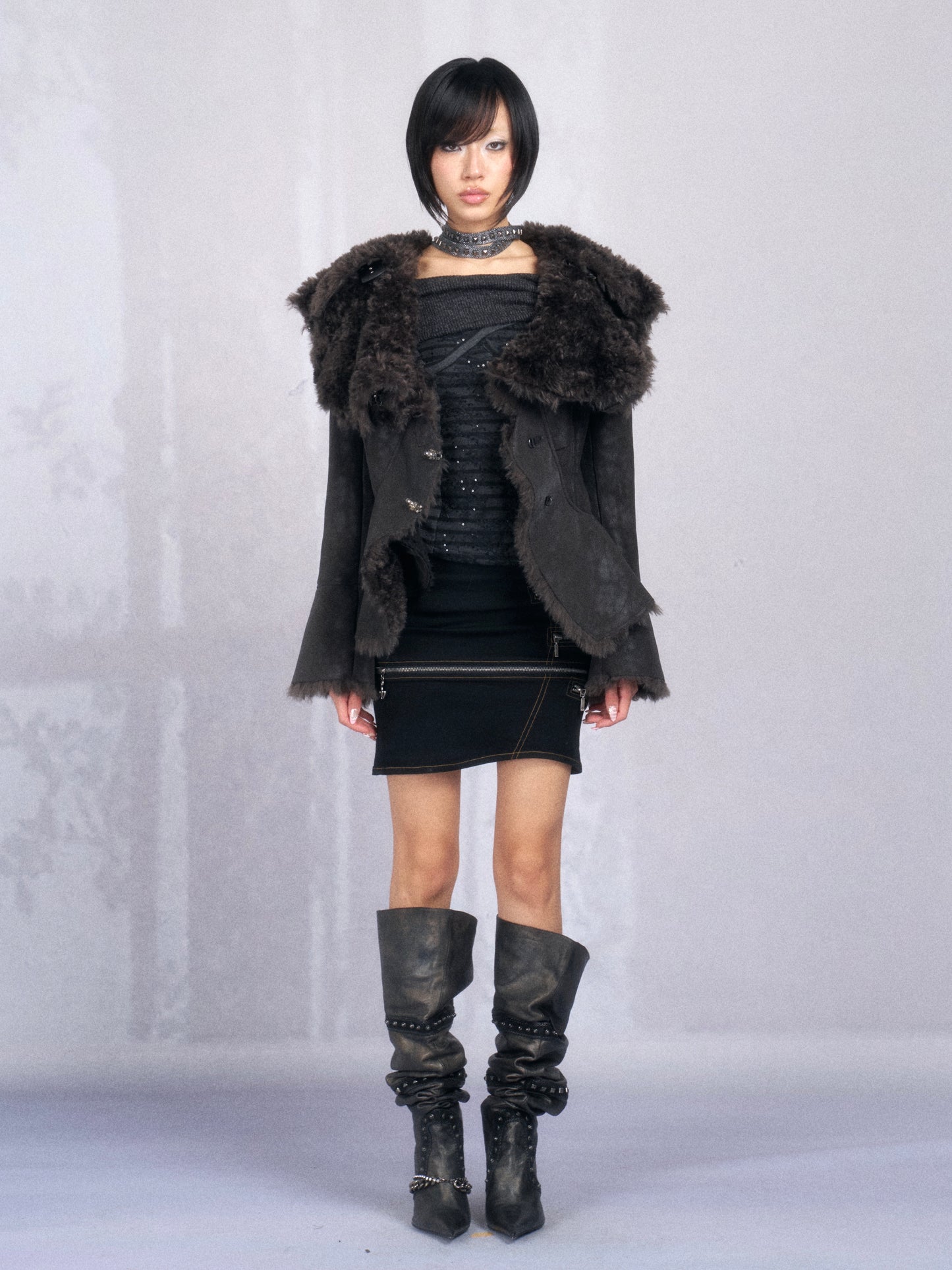 Dark Shearling Leather Jacket with Oversized Fur Collar