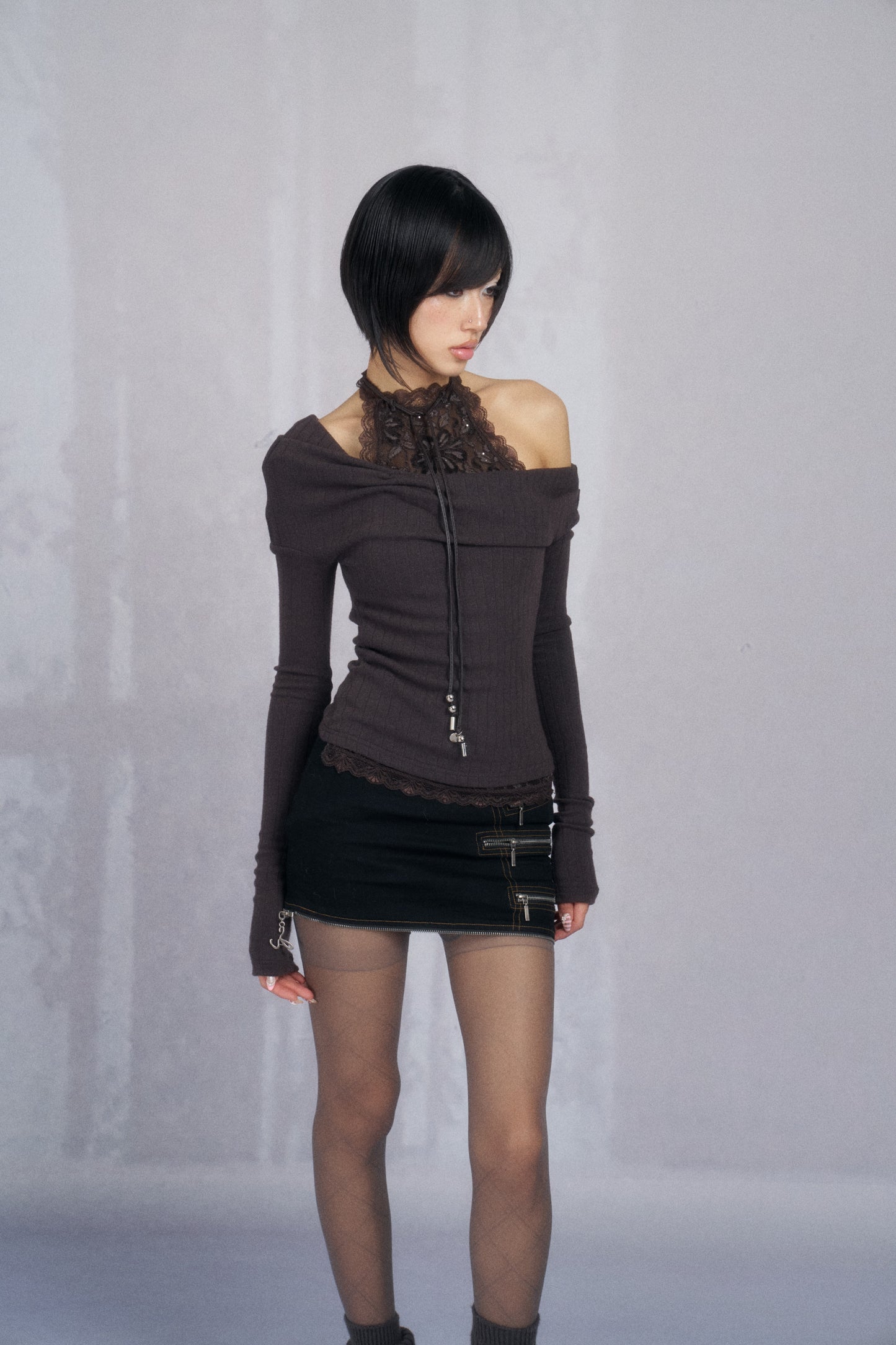 Black Denim Bodycon Skirt with Multiple Zippers and Detachable Hem