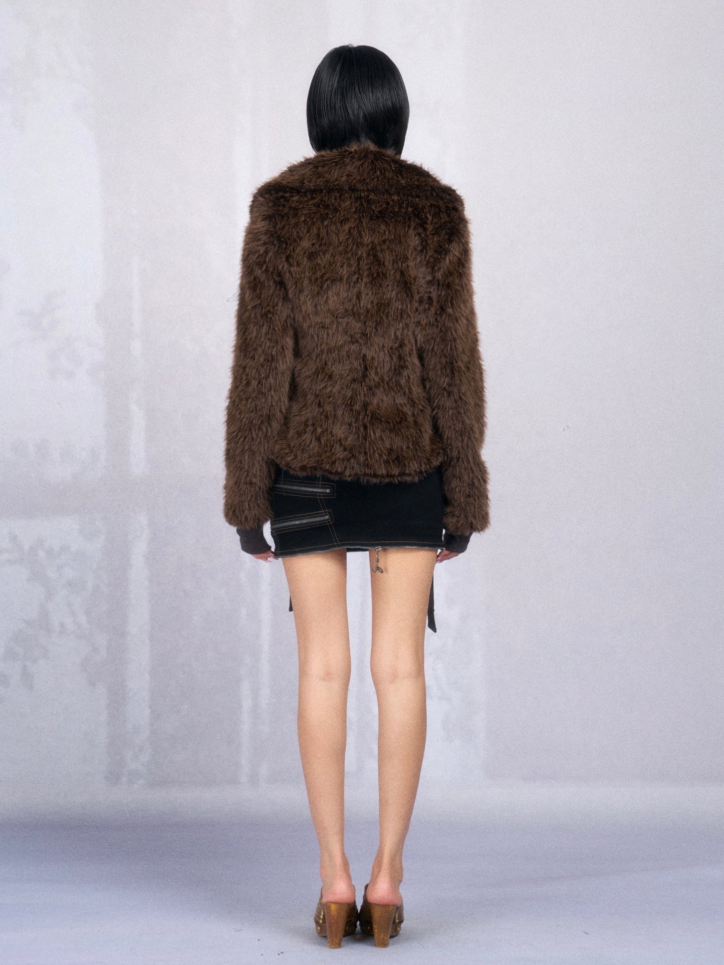 Brown Cropped Faux Fur Jacket with Lace-Up Trim and Rhinestone Detail