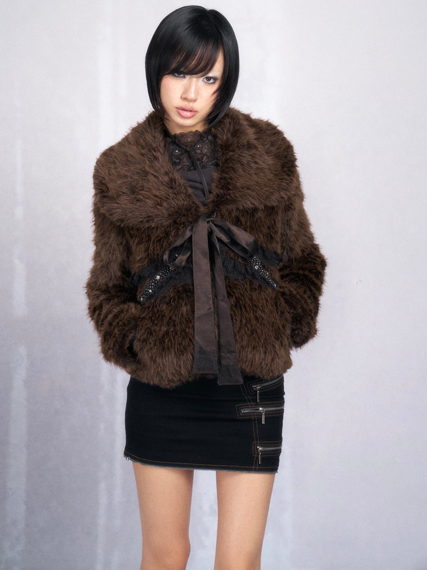 Brown Cropped Faux Fur Jacket with Lace-Up Trim and Rhinestone Detail