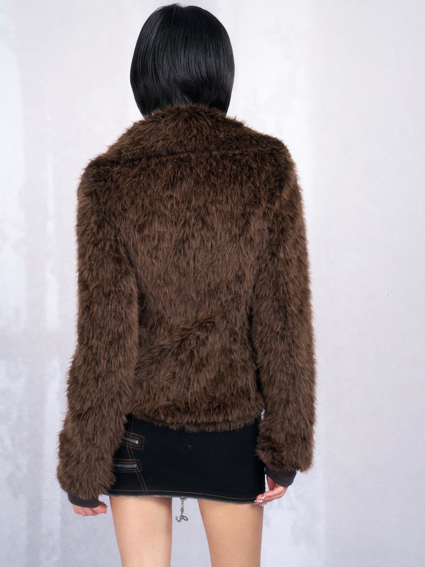 Brown Cropped Faux Fur Jacket with Lace-Up Trim and Rhinestone Detail