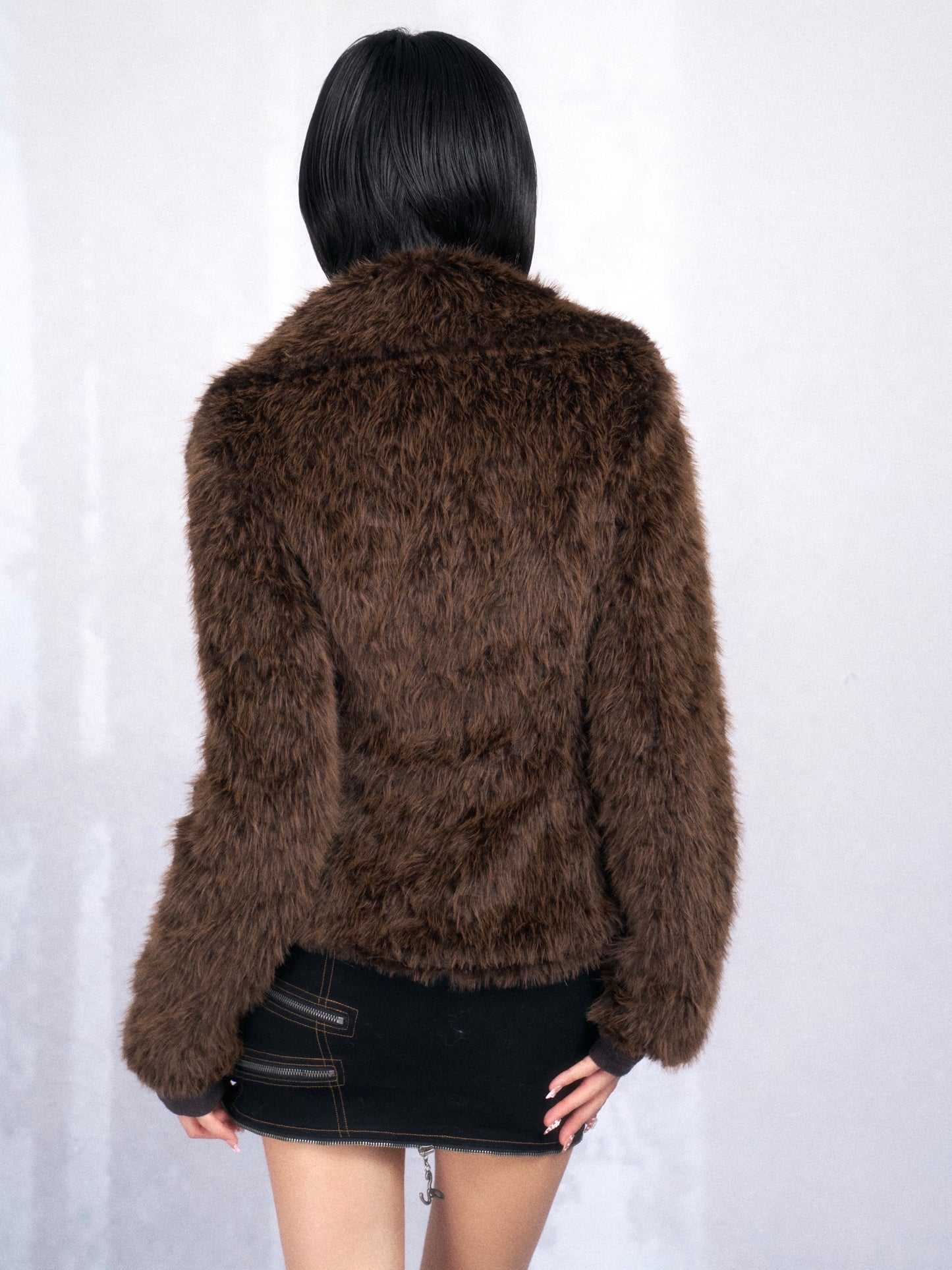 Brown Cropped Faux Fur Jacket with Lace-Up Trim and Rhinestone Detail