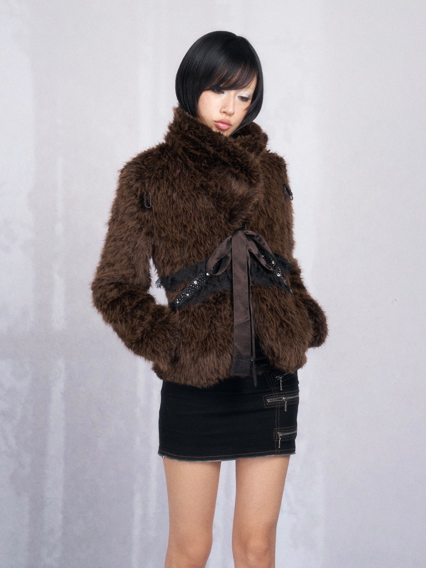 Brown Cropped Faux Fur Jacket with Lace-Up Trim and Rhinestone Detail