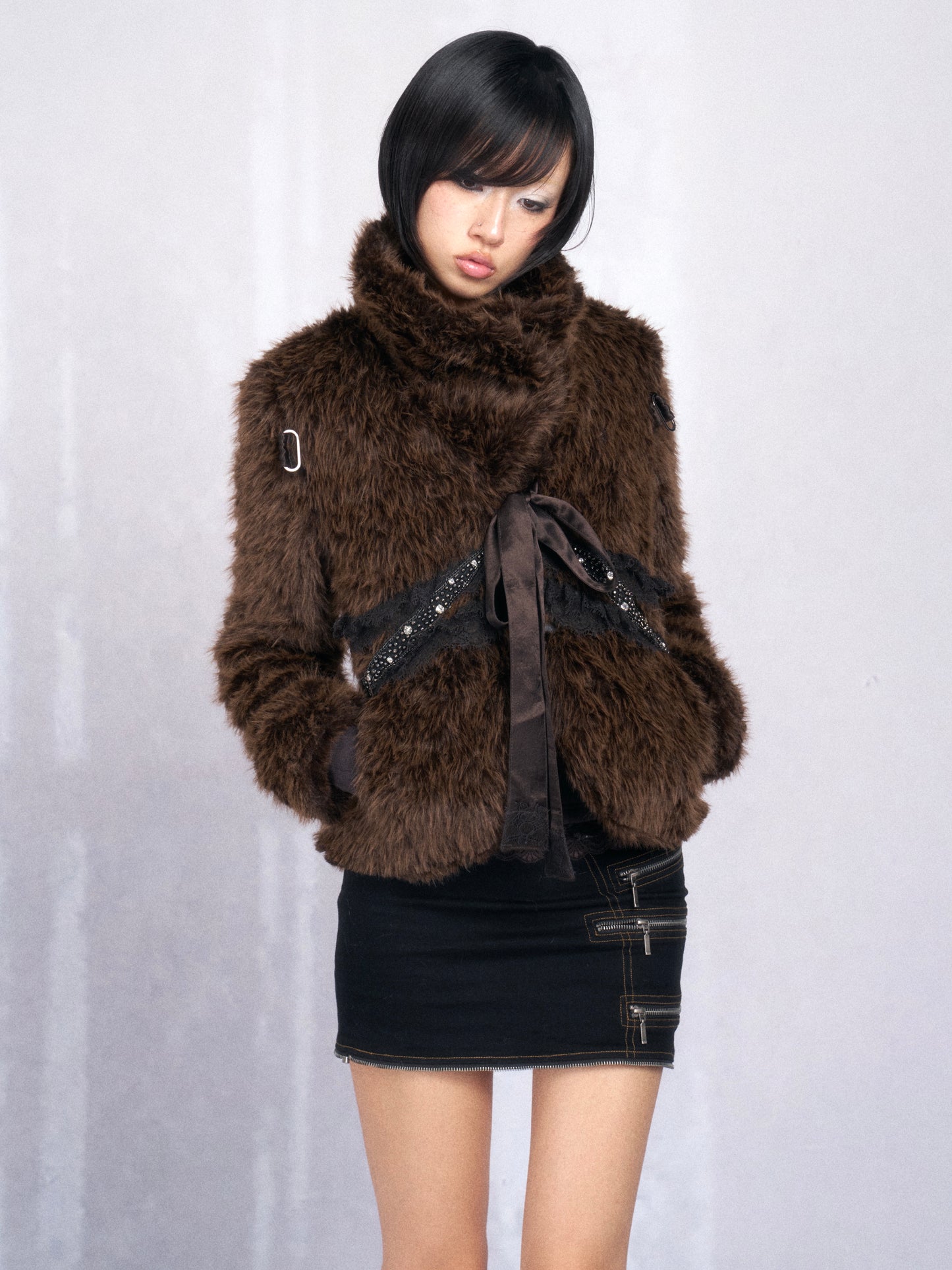 Brown Cropped Faux Fur Jacket with Lace-Up Trim and Rhinestone Detail