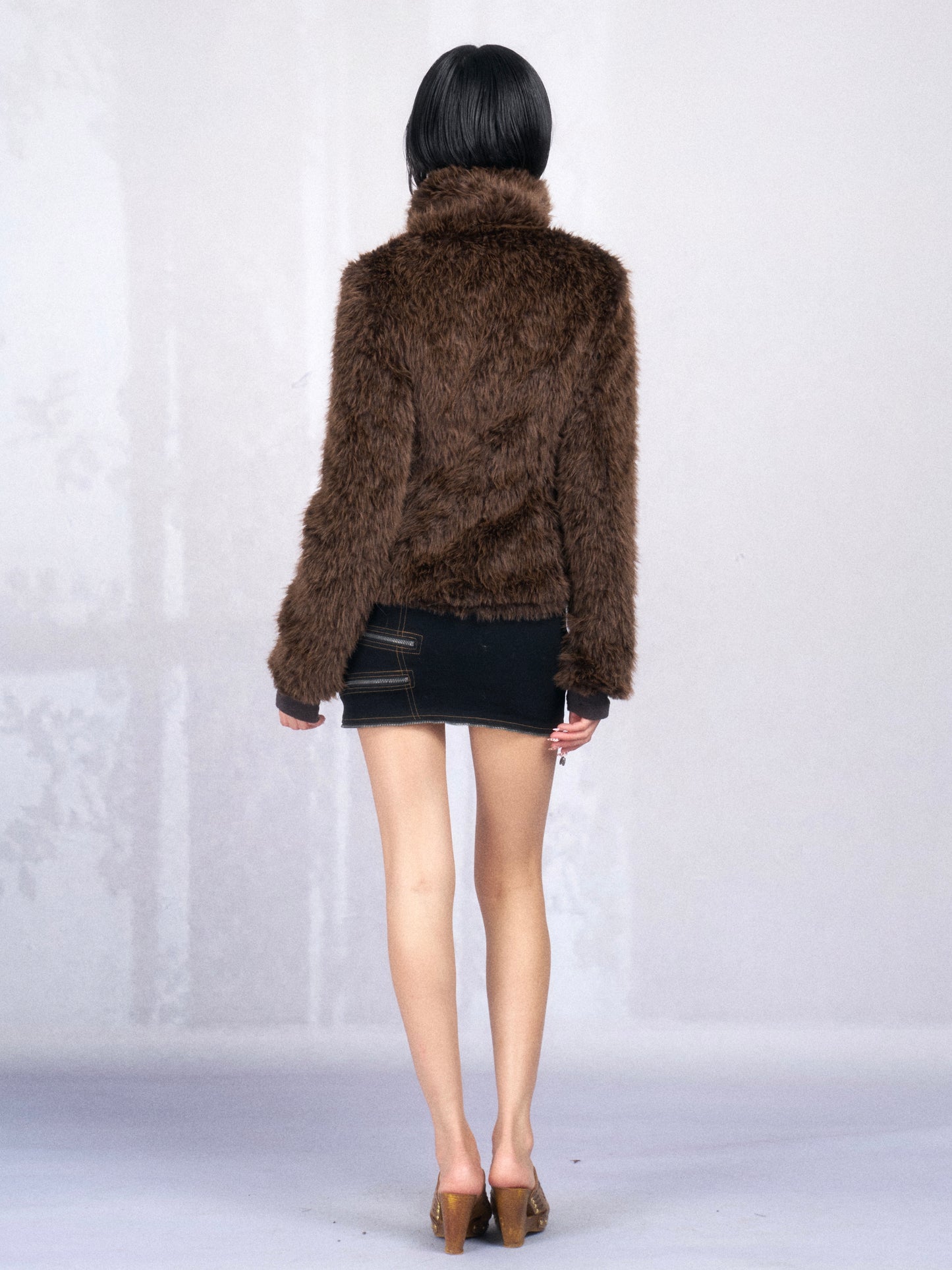 Brown Cropped Faux Fur Jacket with Lace-Up Trim and Rhinestone Detail