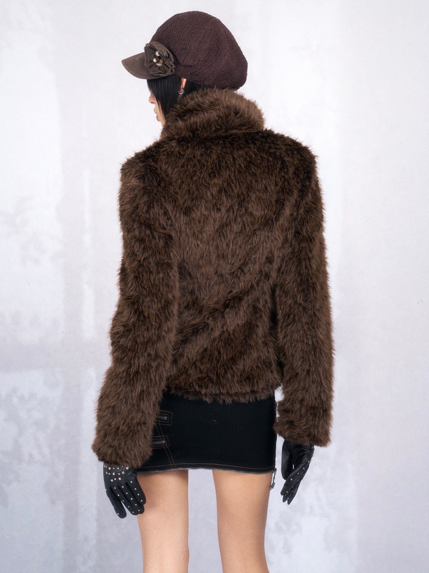 Brown Cropped Faux Fur Jacket with Lace-Up Trim and Rhinestone Detail
