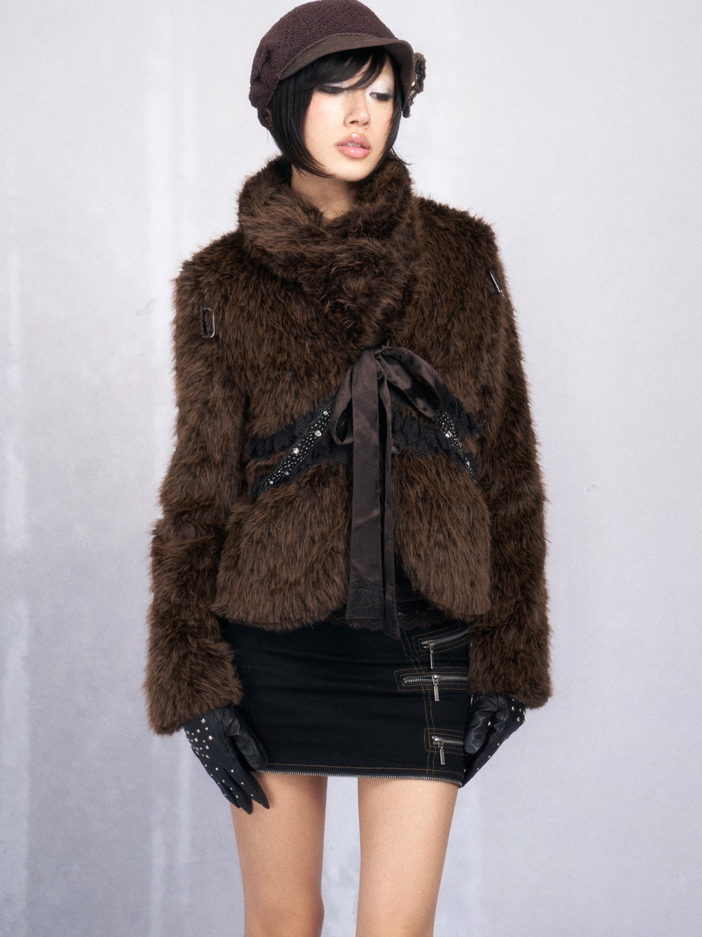 Brown Cropped Faux Fur Jacket with Lace-Up Trim and Rhinestone Detail