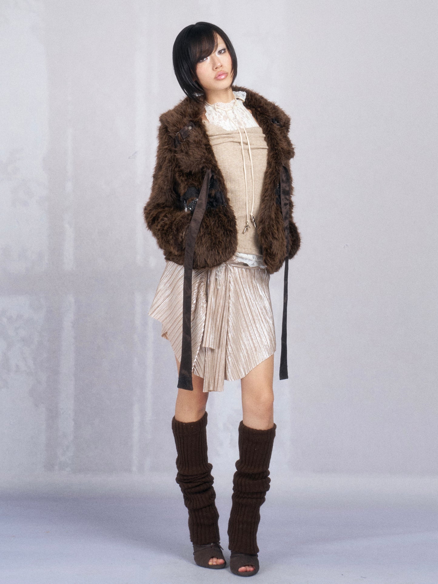 Brown Cropped Faux Fur Jacket with Lace-Up Trim and Rhinestone Detail