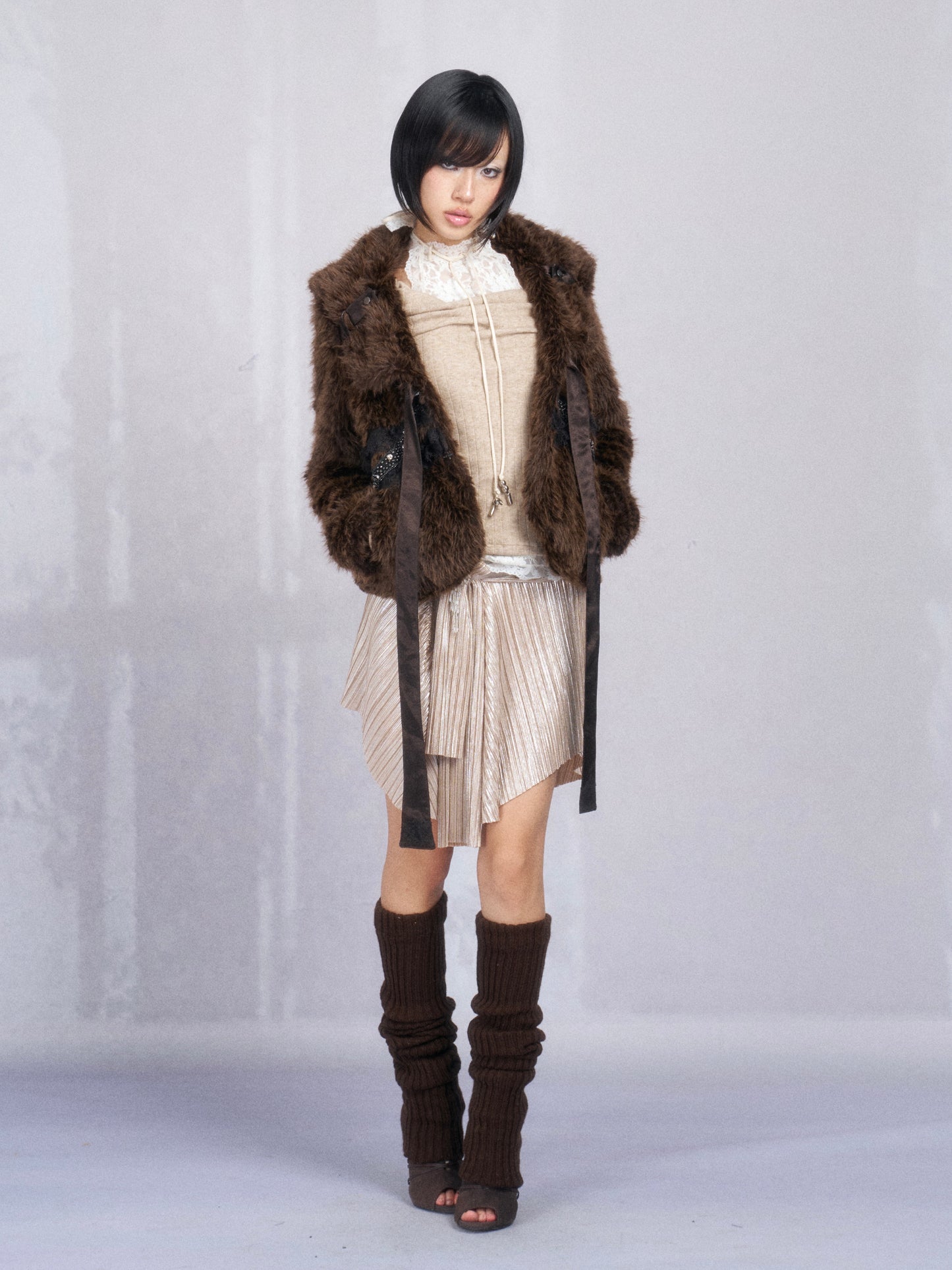 Brown Cropped Faux Fur Jacket with Lace-Up Trim and Rhinestone Detail