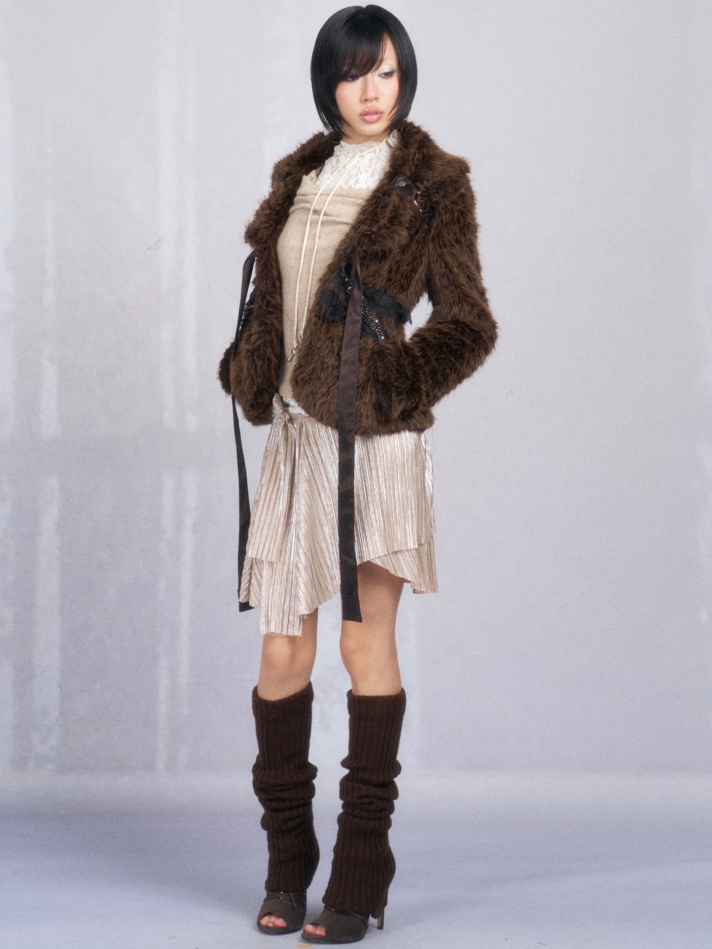 Brown Cropped Faux Fur Jacket with Lace-Up Trim and Rhinestone Detail