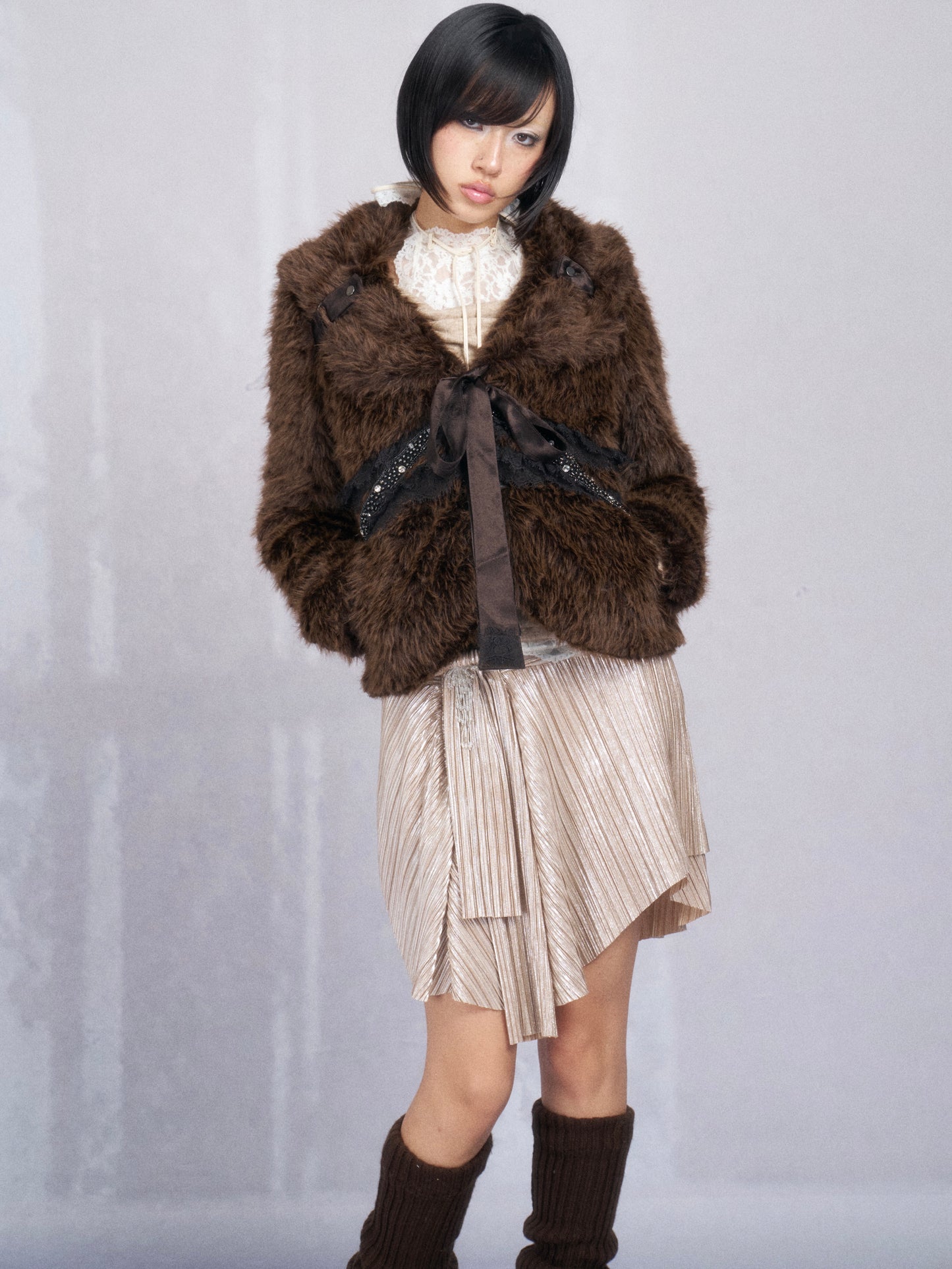Metallic Asymmetric Ruched Skirt with Rhinestones (Belt Included)
