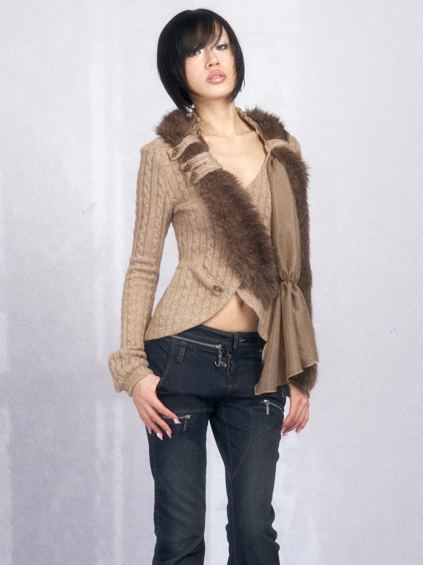 Asymmetric Cross-Front Stretch Knit Cardigan with Detachable Fur Collar
