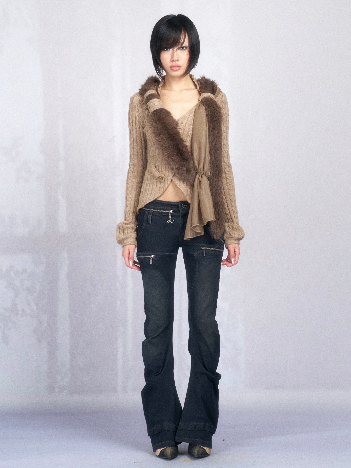 Asymmetric Cross-Front Stretch Knit Cardigan with Detachable Fur Collar