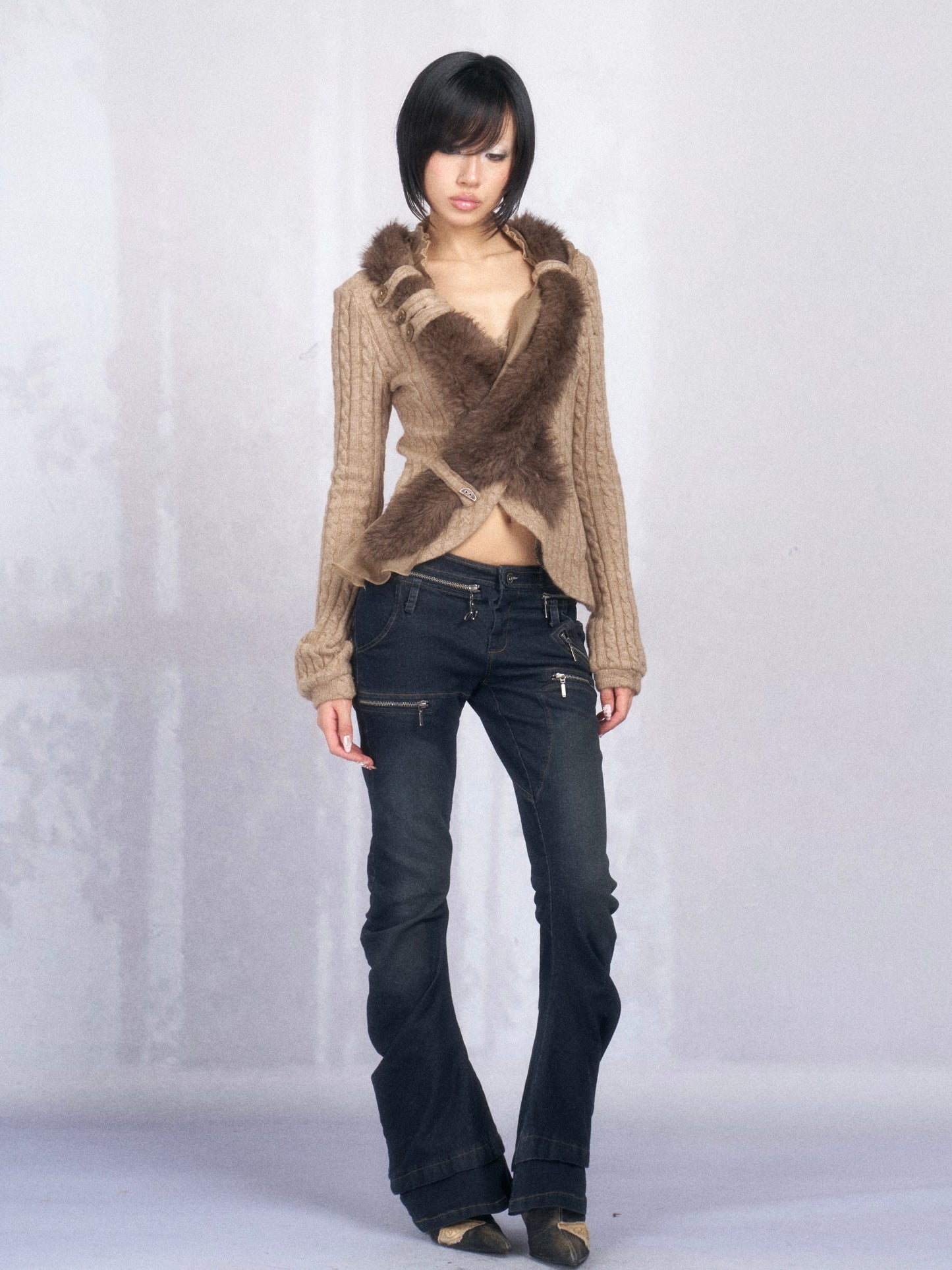 Asymmetric Cross-Front Stretch Knit Cardigan with Detachable Fur Collar