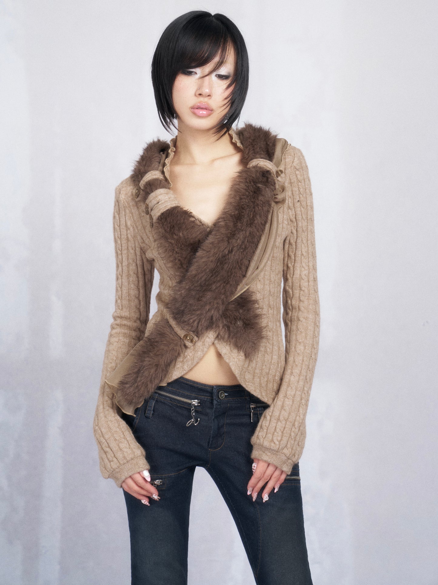 Asymmetric Cross-Front Stretch Knit Cardigan with Detachable Fur Collar