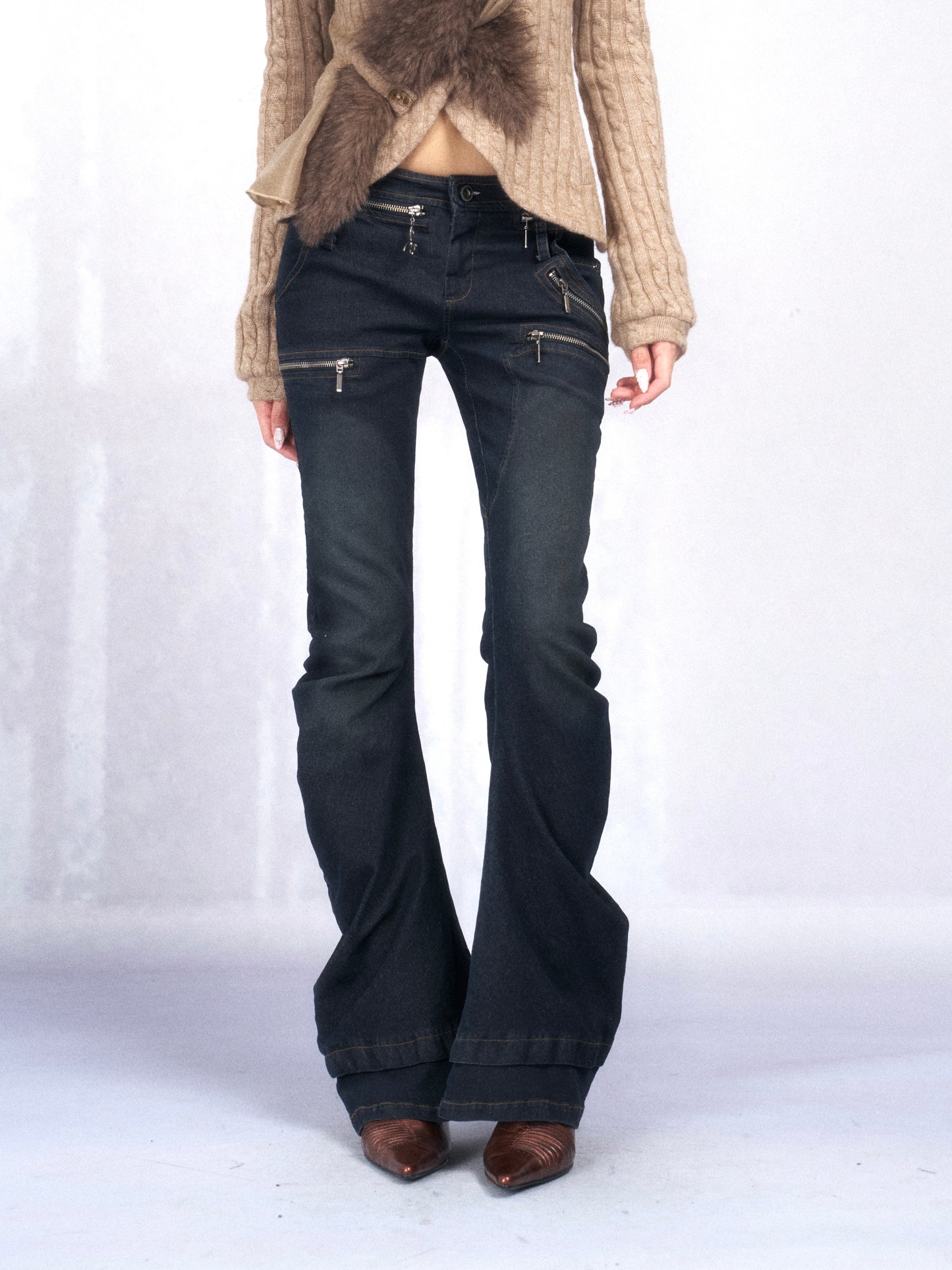 Washed Low-Rise Jeans with Curved Zip Waist Detail
