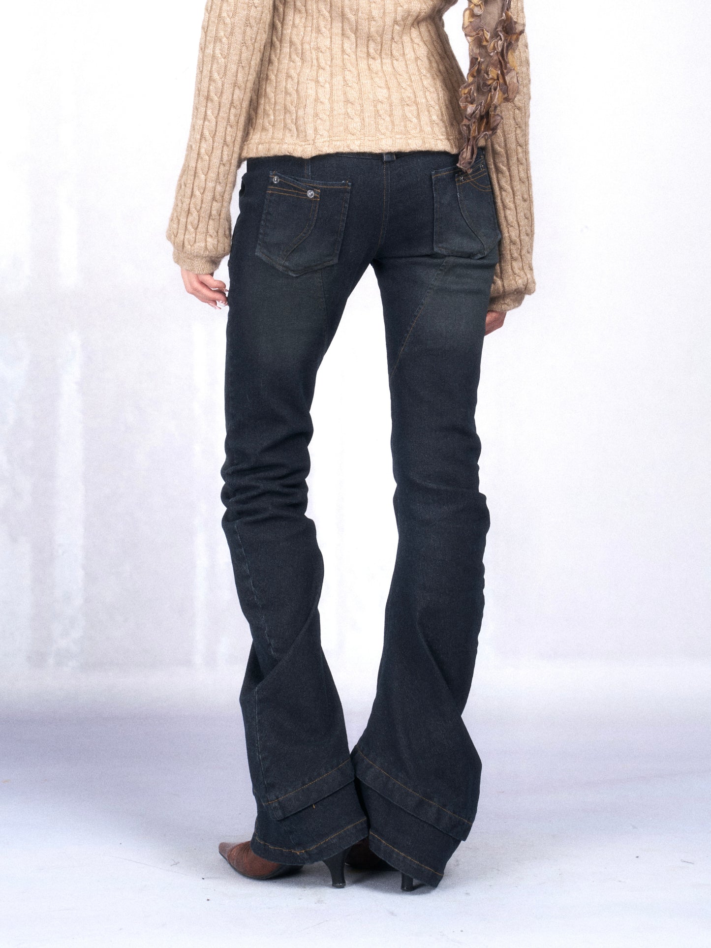 Washed Low-Rise Jeans with Curved Zip Waist Detail
