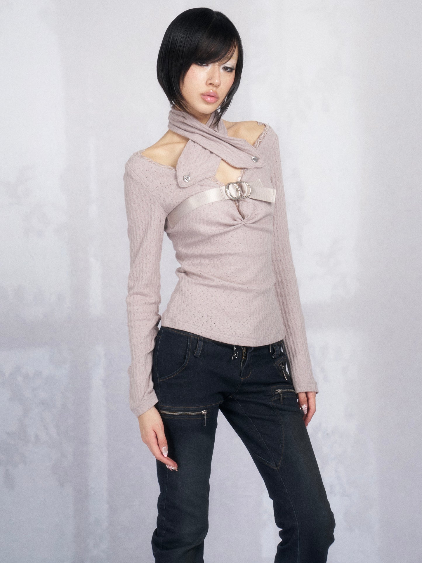 Washed Low-Rise Jeans with Curved Zip Waist Detail