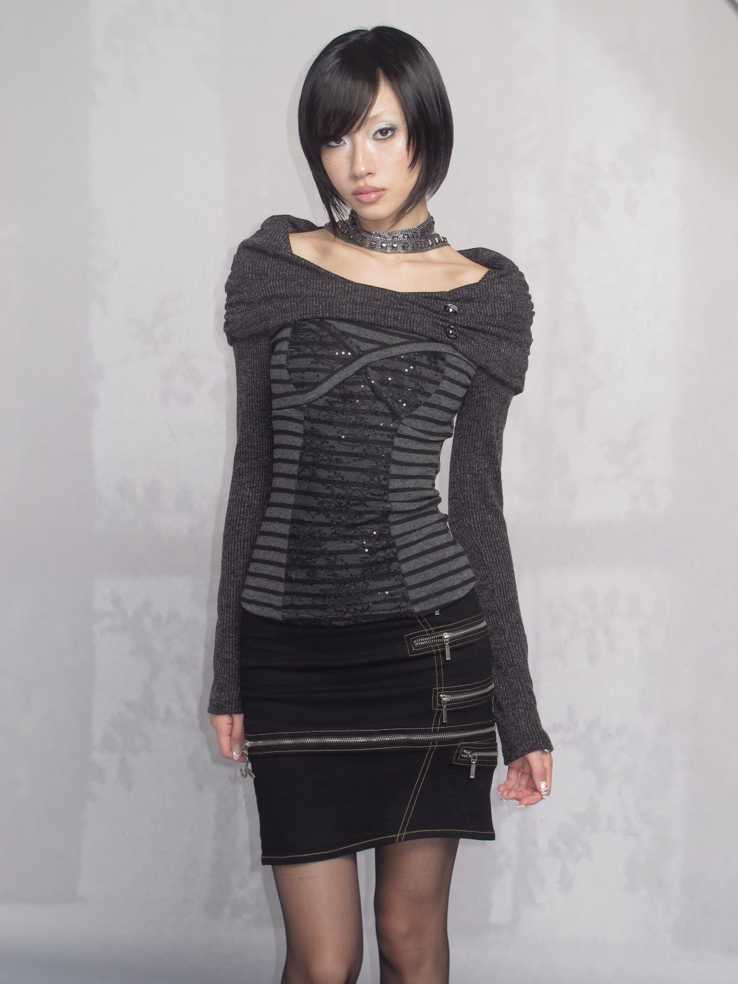 Striped Off-Shoulder Ruched Stretch Jersey Top
