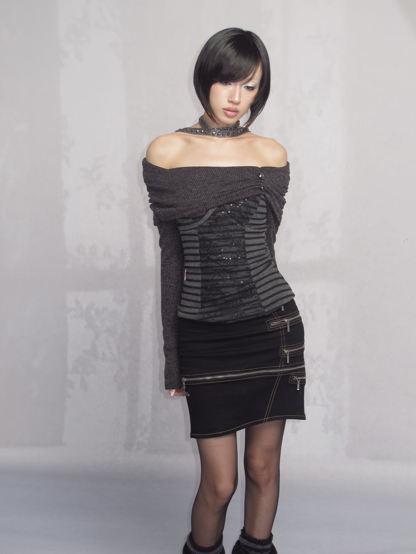 Striped Off-Shoulder Ruched Stretch Jersey Top