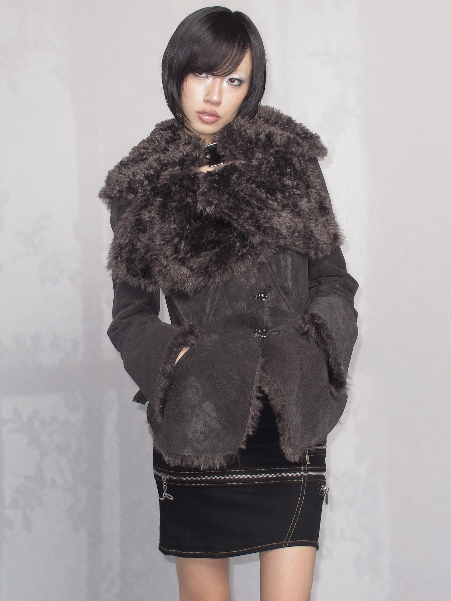 Dark Shearling Leather Jacket with Oversized Fur Collar