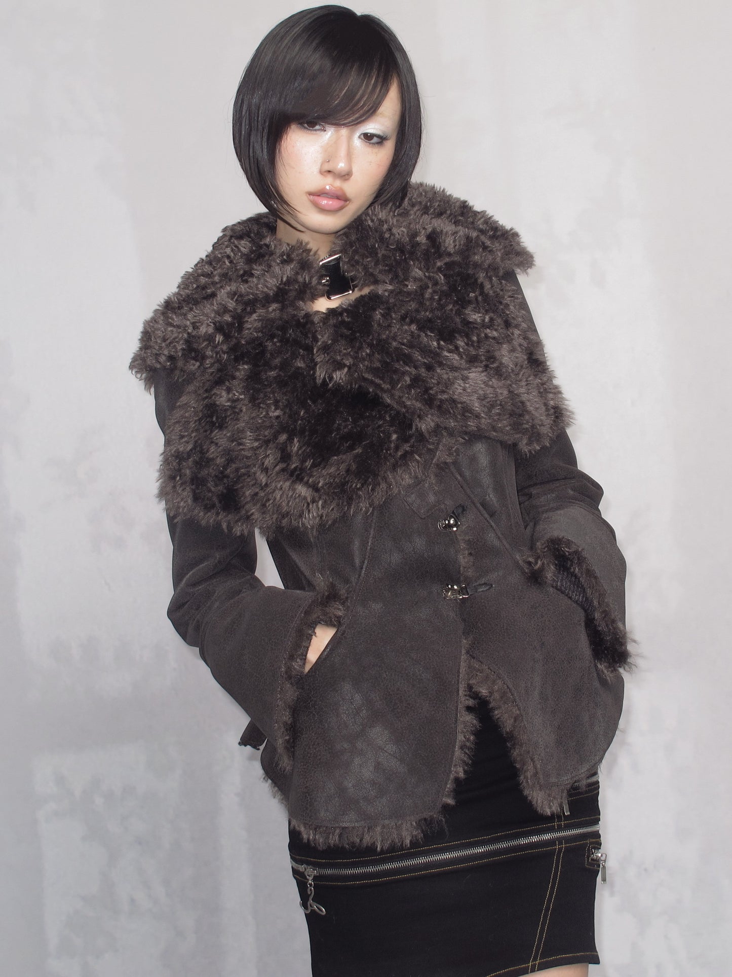 Dark Shearling Leather Jacket with Oversized Fur Collar