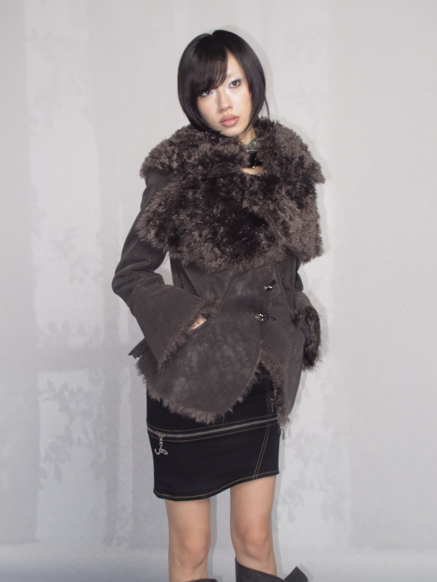 Dark Shearling Leather Jacket with Oversized Fur Collar