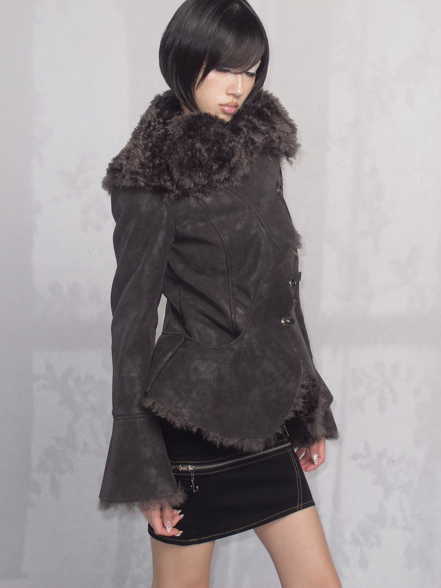 Dark Shearling Leather Jacket with Oversized Fur Collar