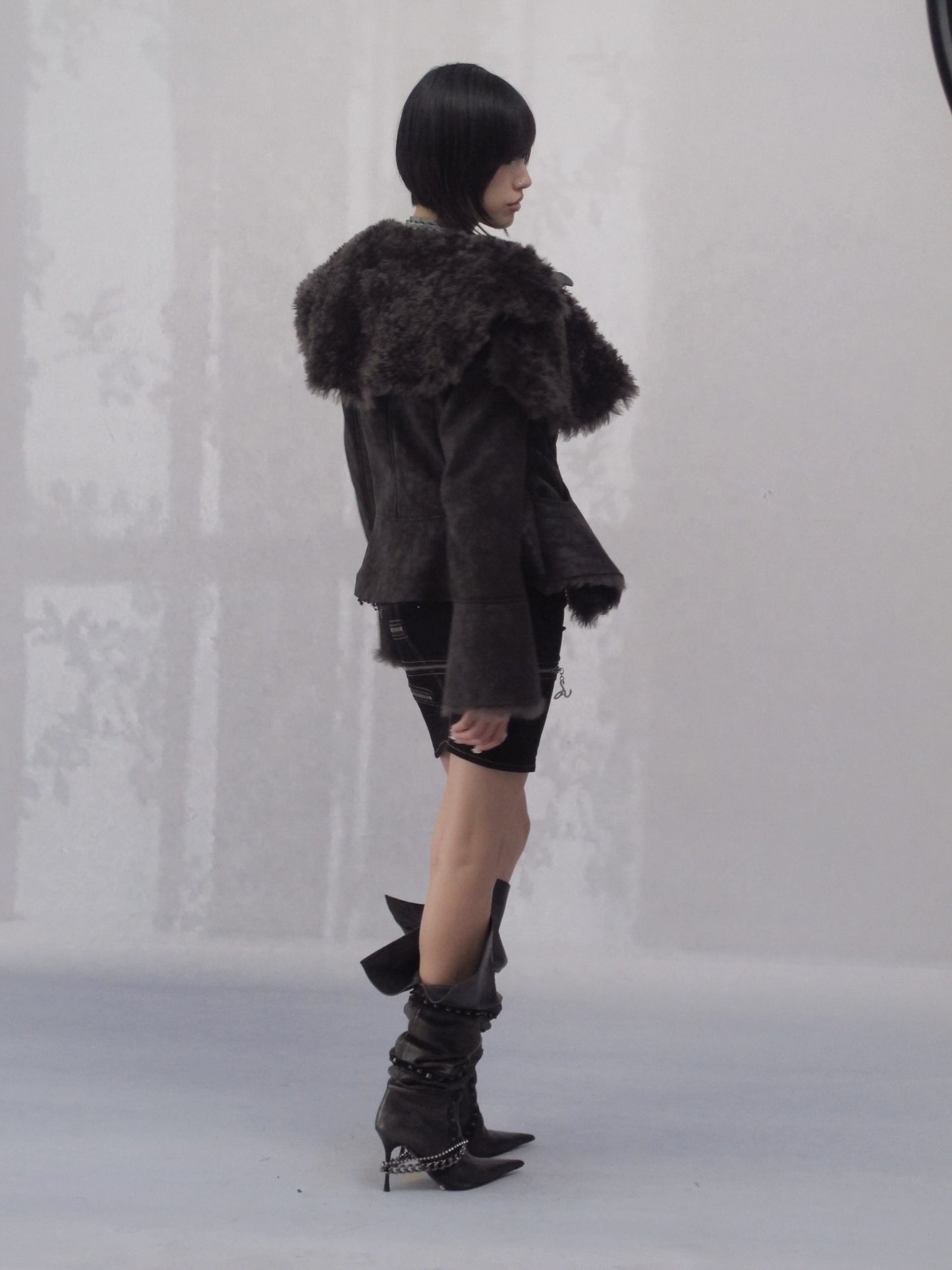 Dark Shearling Leather Jacket with Oversized Fur Collar