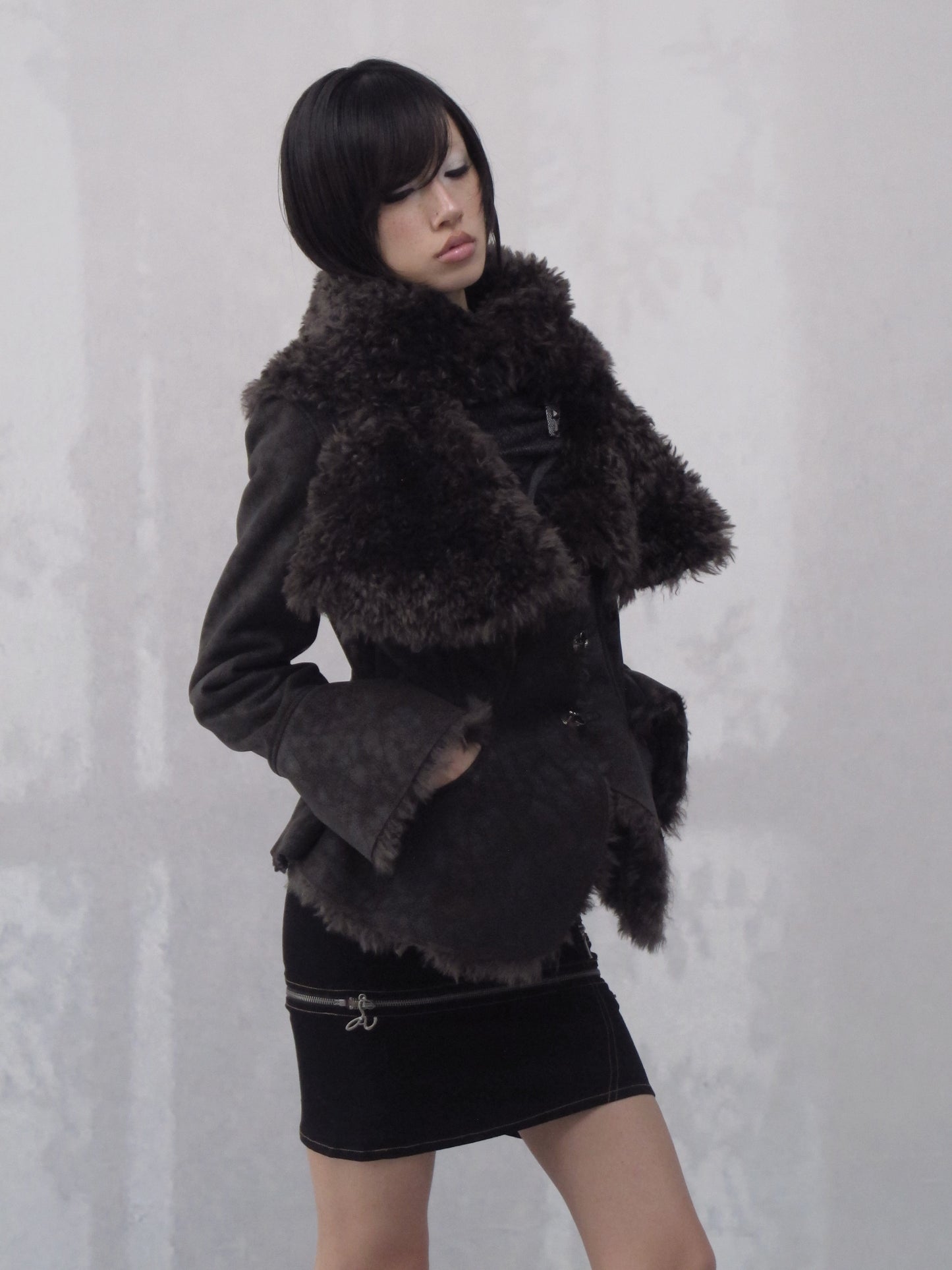 Dark Shearling Leather Jacket with Oversized Fur Collar