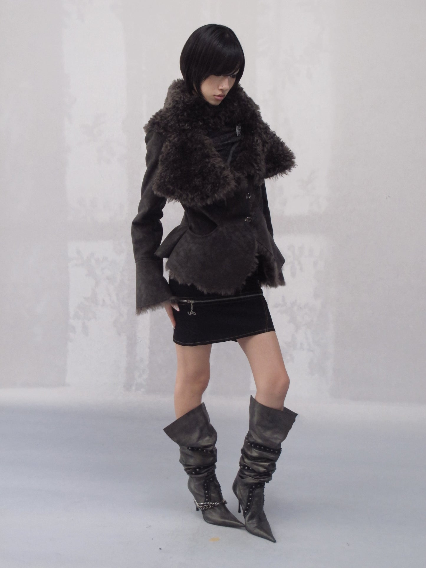 Dark Shearling Leather Jacket with Oversized Fur Collar