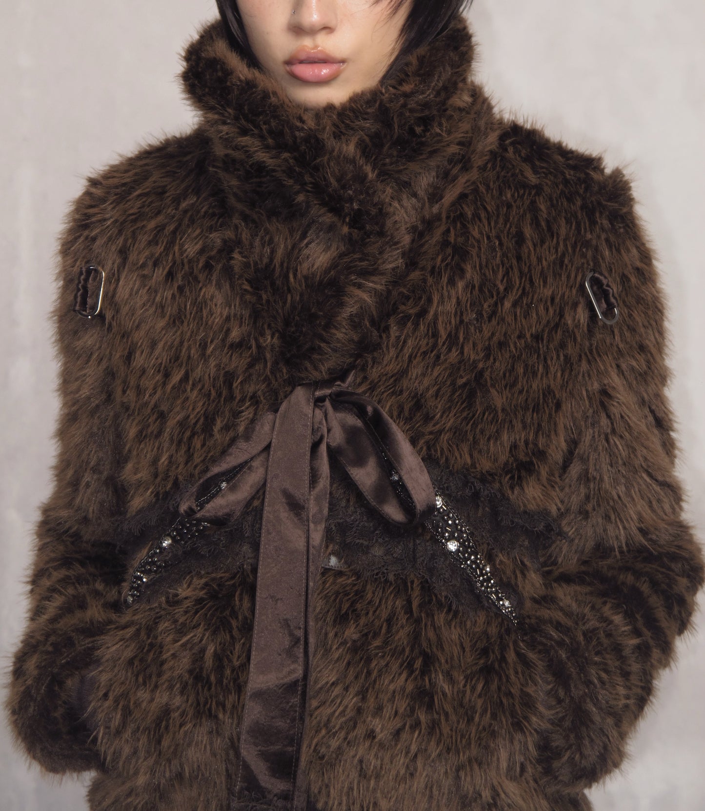Brown Cropped Faux Fur Jacket with Lace-Up Trim and Rhinestone Detail