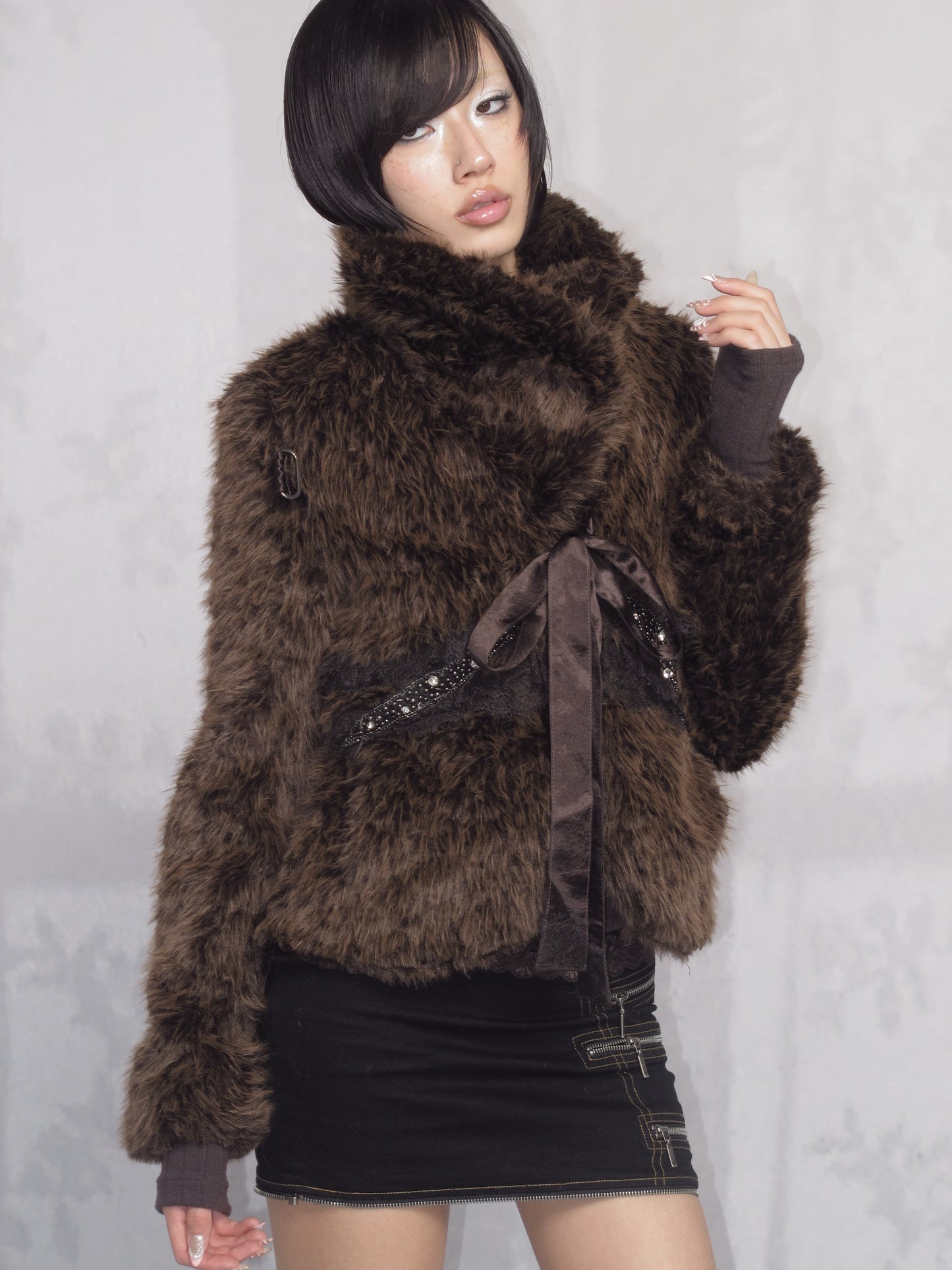 Brown Cropped Faux Fur Jacket with Lace-Up Trim and Rhinestone Detail