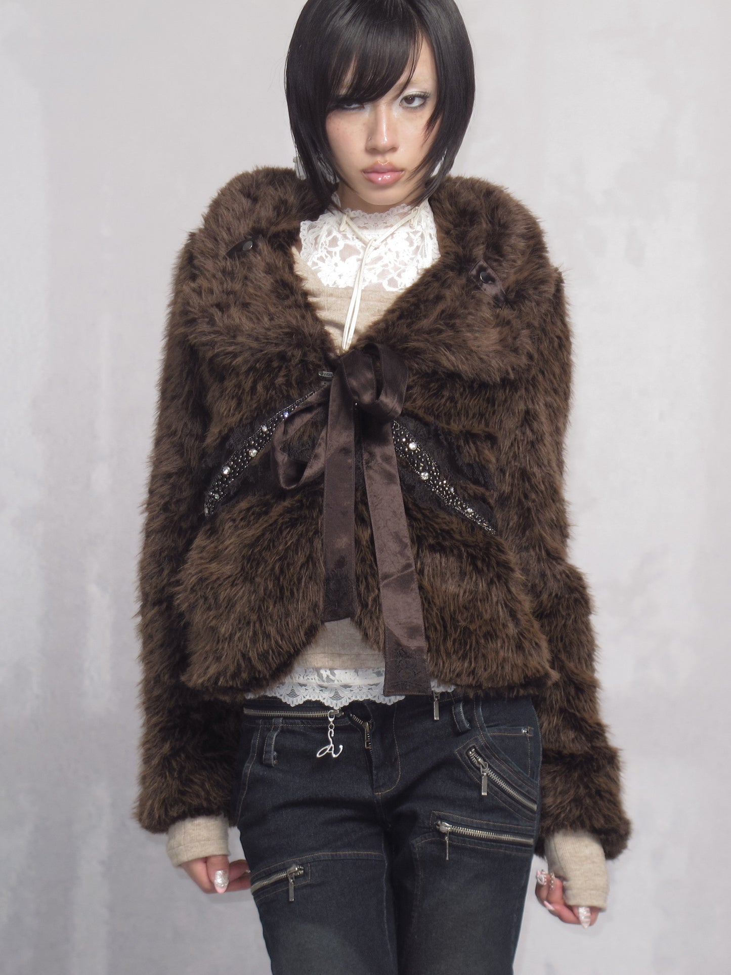 Brown Cropped Faux Fur Jacket with Lace-Up Trim and Rhinestone Detail