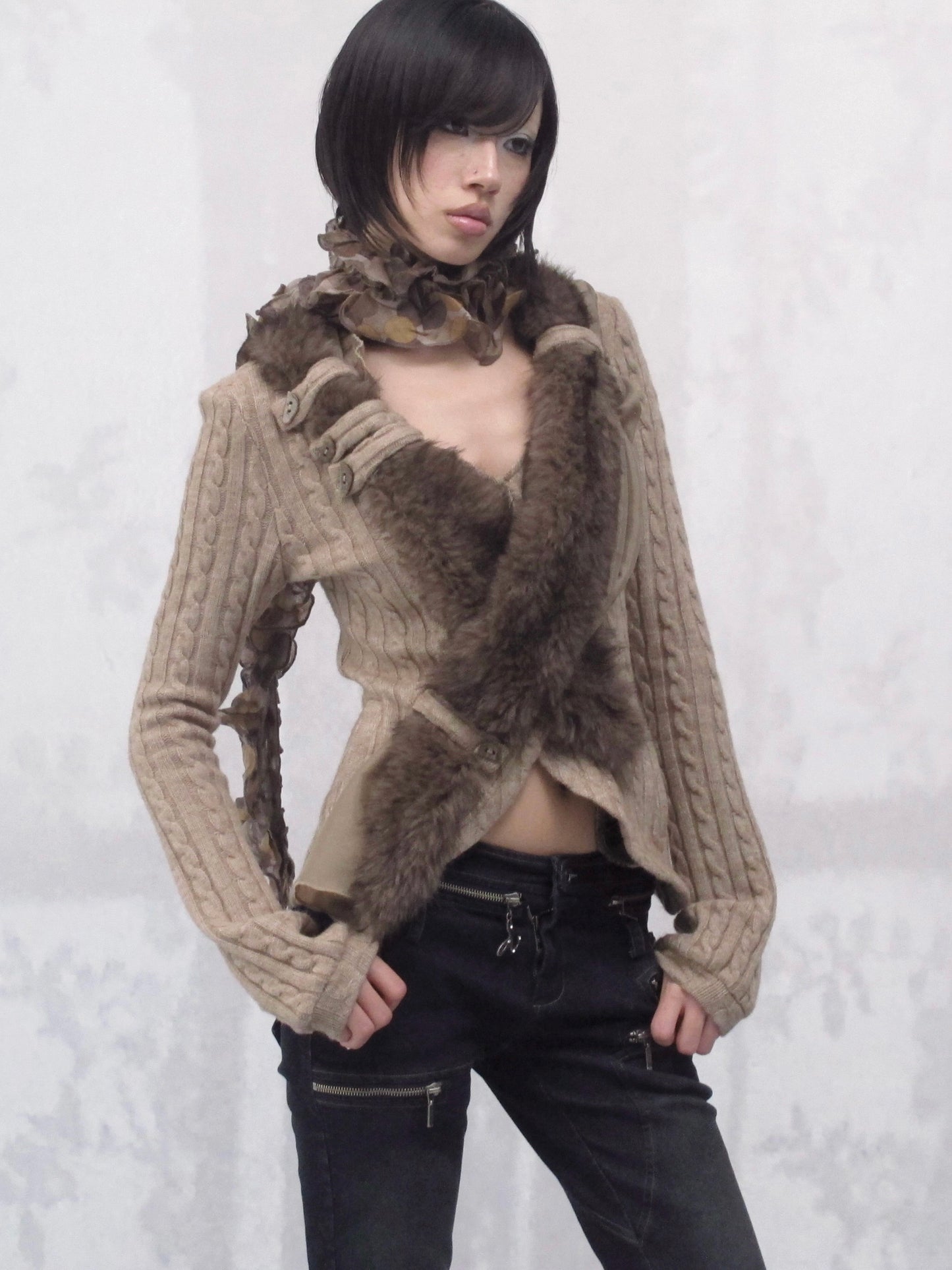 Asymmetric Cross-Front Stretch Knit Cardigan with Detachable Fur Collar