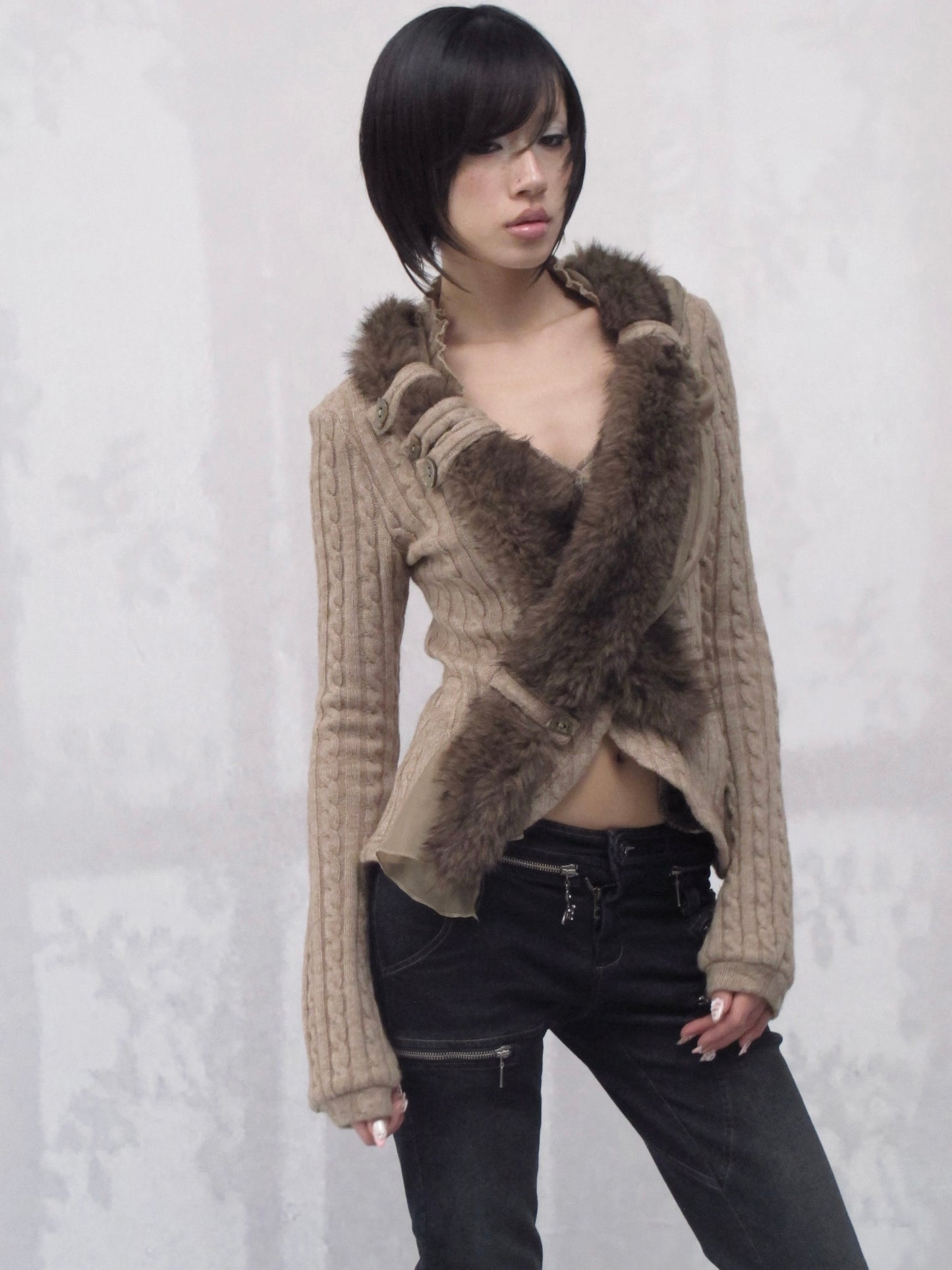Asymmetric Cross-Front Stretch Knit Cardigan with Detachable Fur Collar