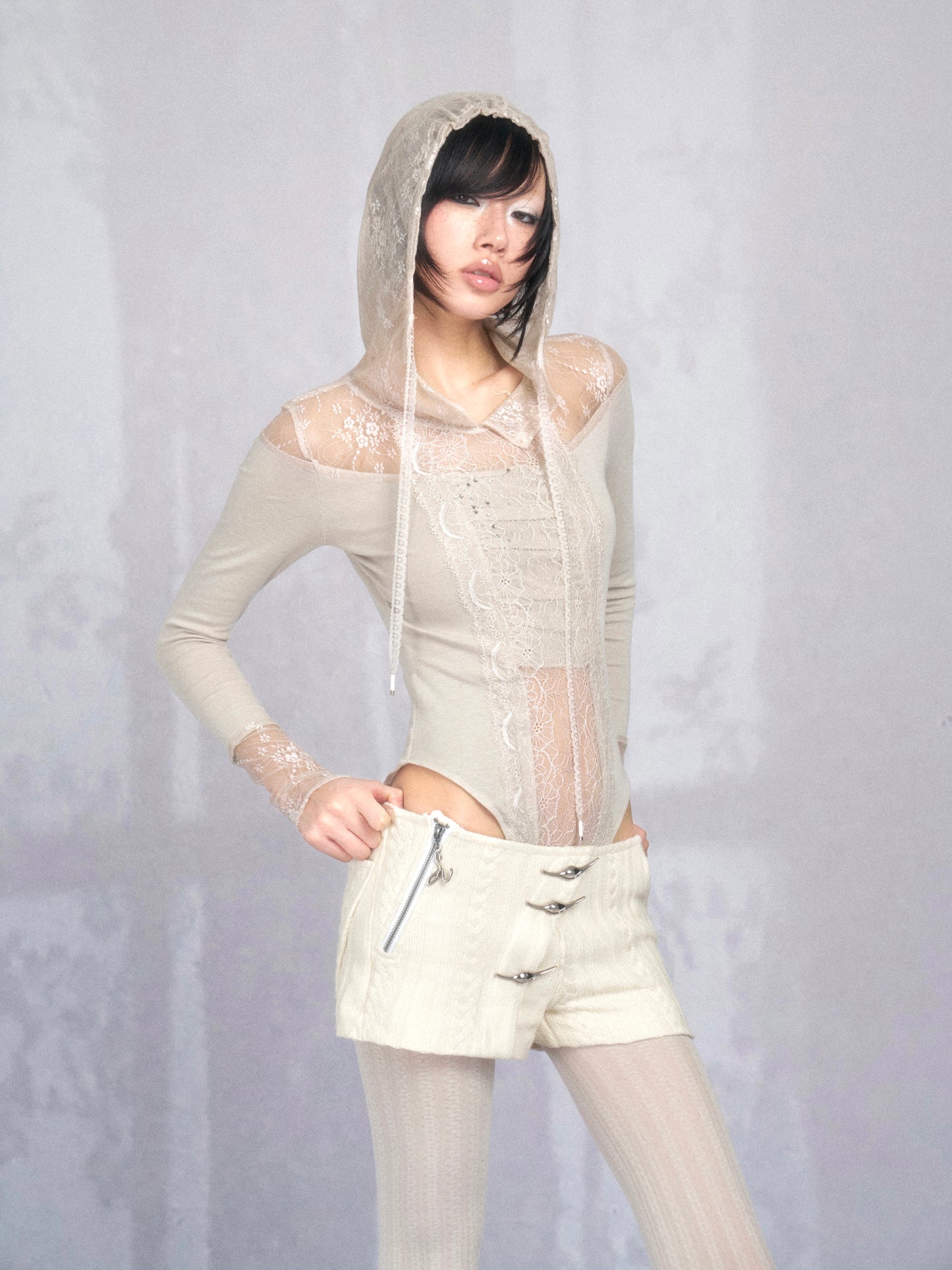 Lace and Jersey Paneled Hooded Long Sleeve Bodysuit