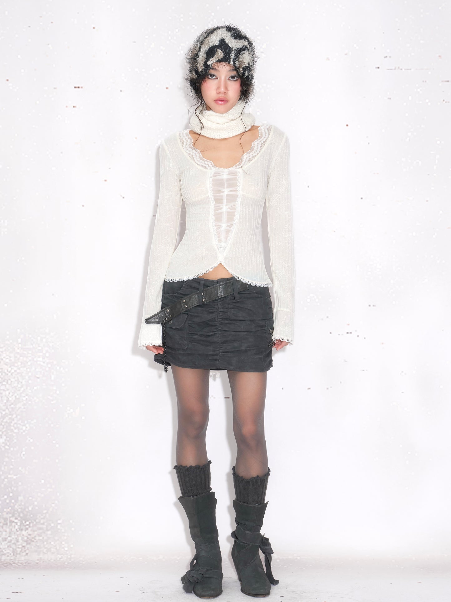 Ruched Skirt with Waist Belt Chain