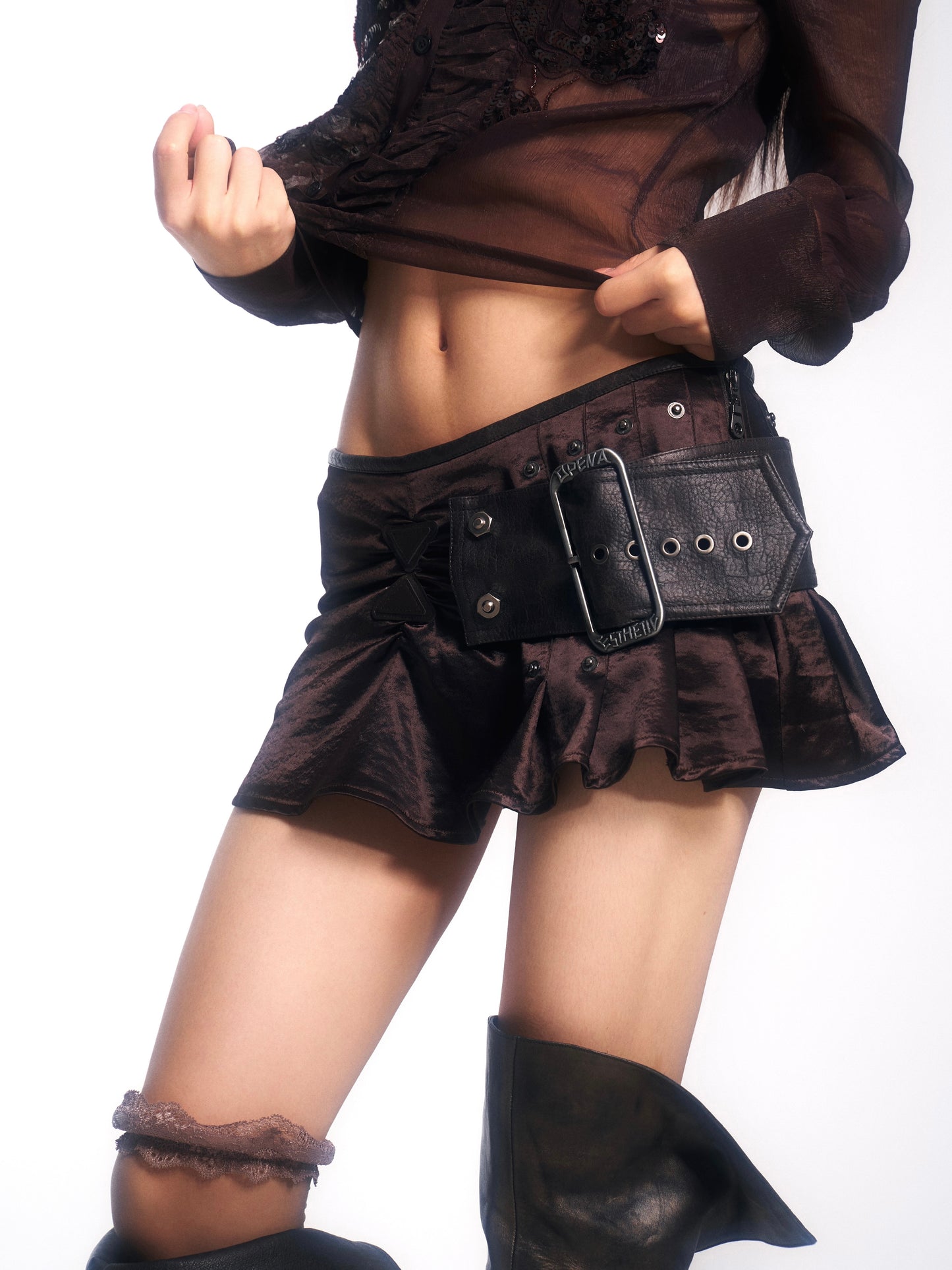Vintage Rebel Satin Mini Skirt with Cascaded Ruffles & Detachable Belt