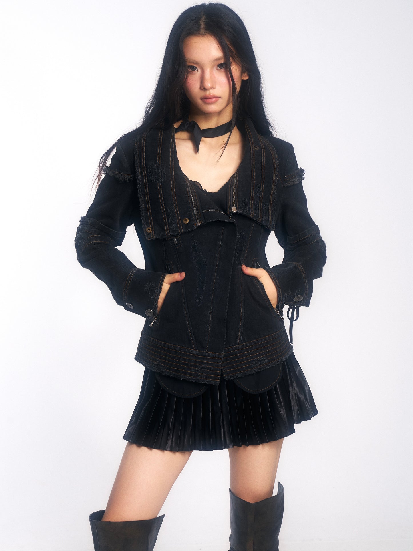 Punk-Style Heavy-Duty Washed Denim Jacket with Vintage Collar & Destroyed Details