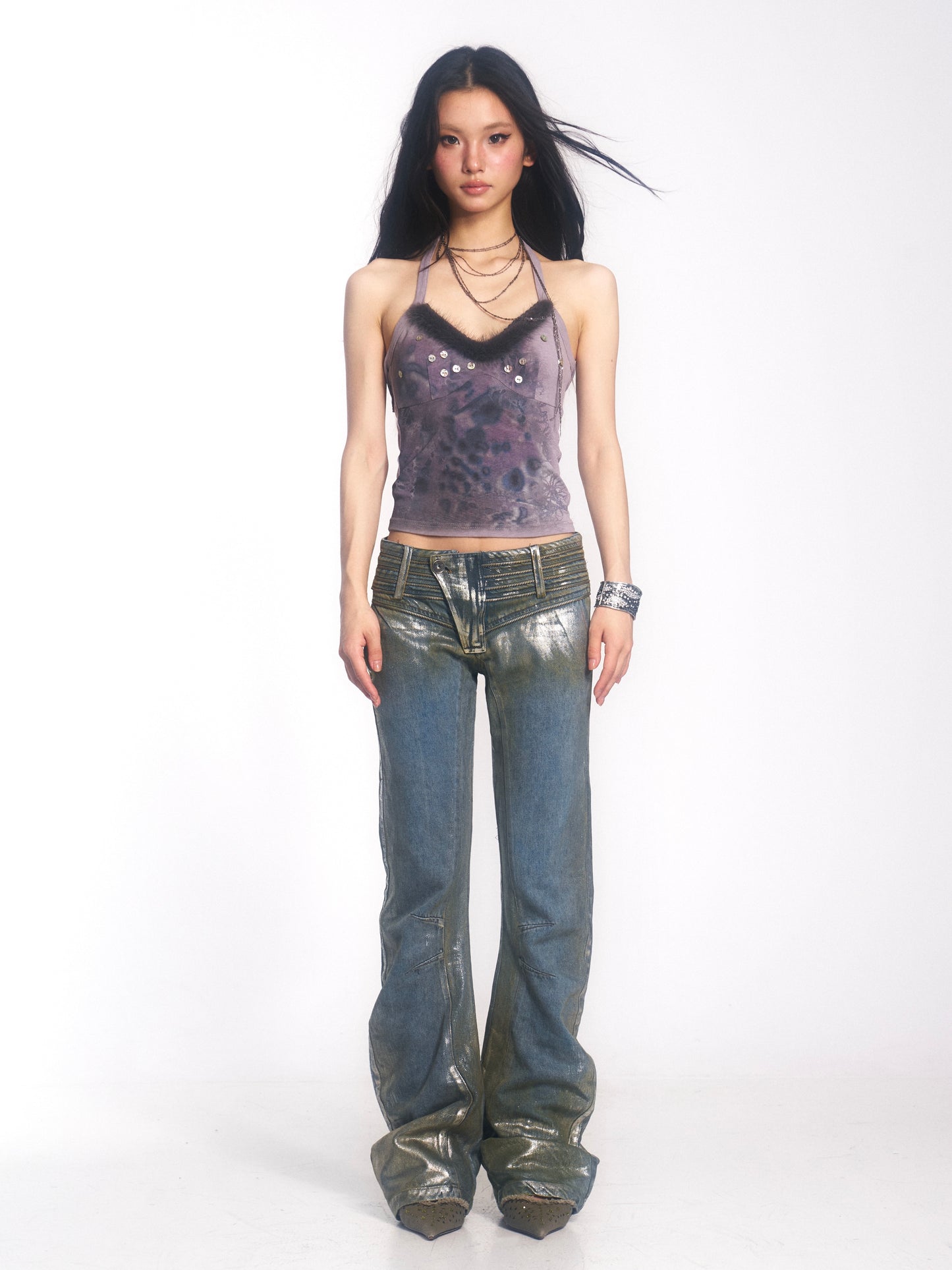 Vintage Washed Denim Jeans with Silver Foil & Curved Hem