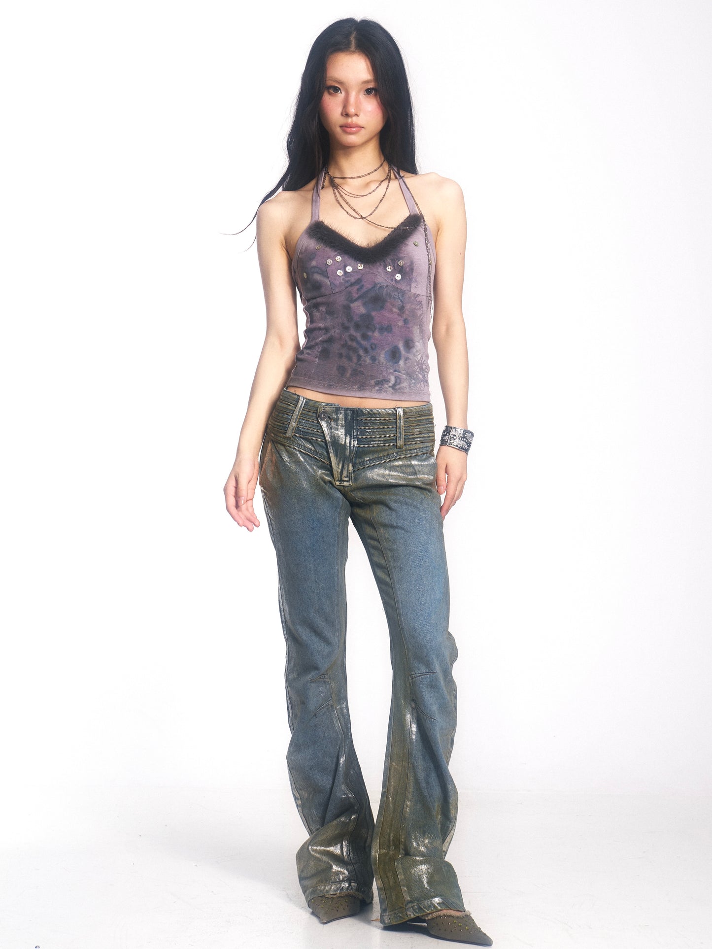 Vintage Washed Denim Jeans with Silver Foil & Curved Hem