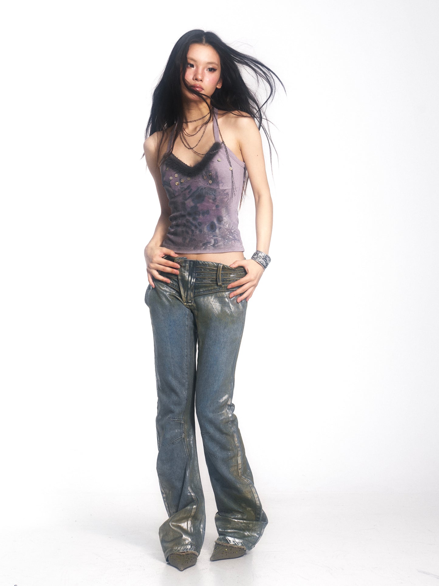 Vintage Washed Denim Jeans with Silver Foil & Curved Hem