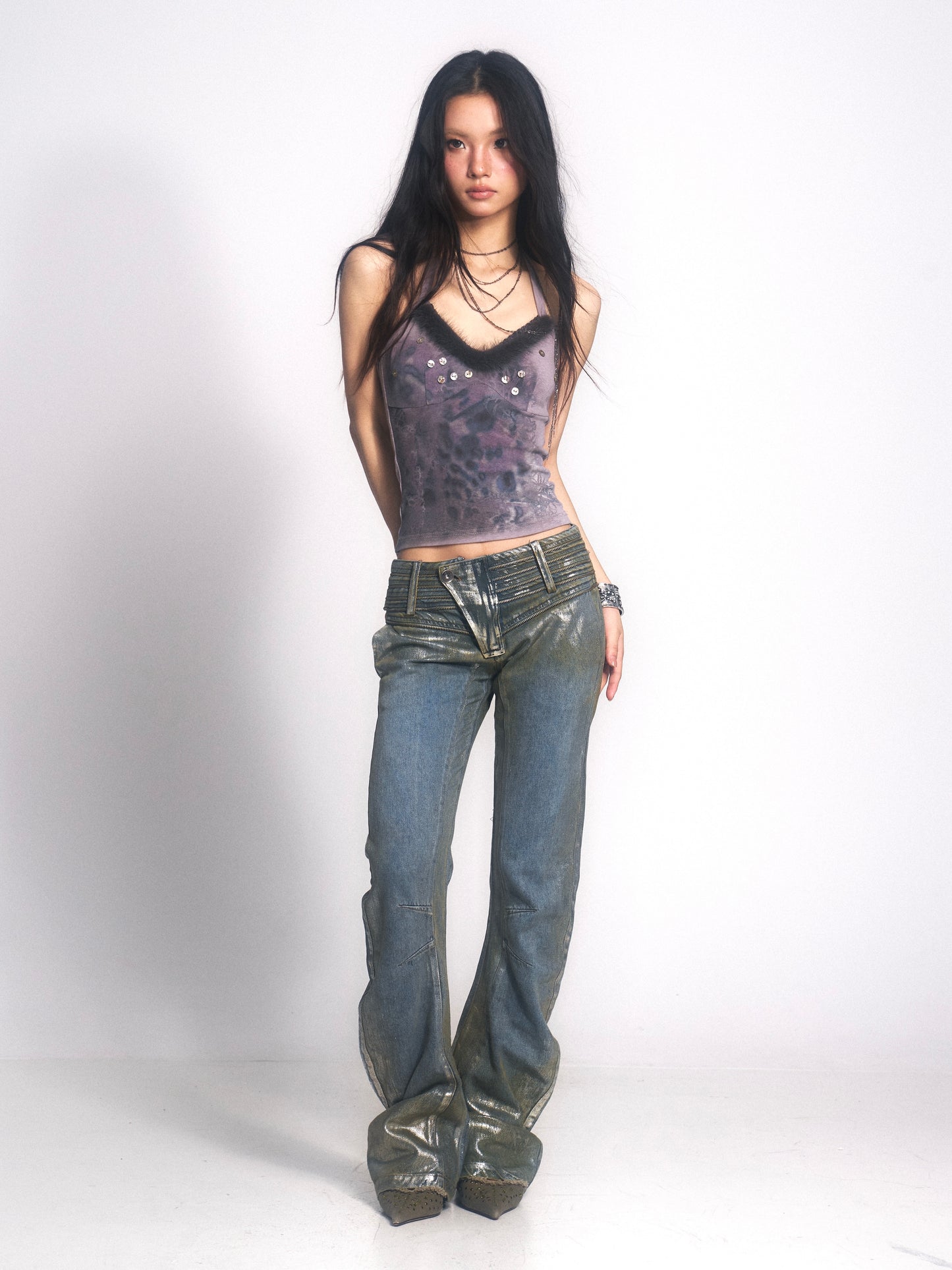Vintage Washed Denim Jeans with Silver Foil & Curved Hem