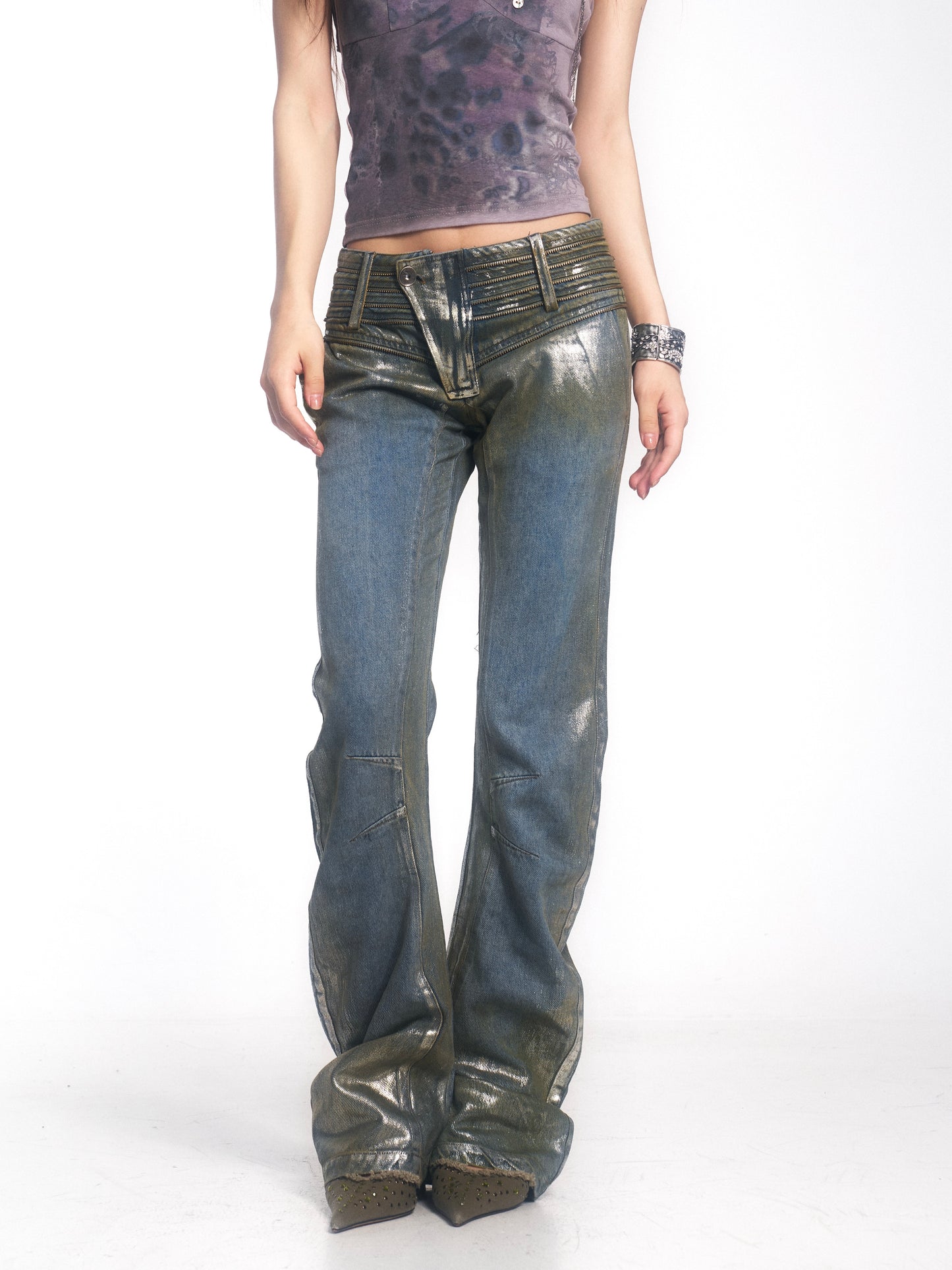 Vintage Washed Denim Jeans with Silver Foil & Curved Hem