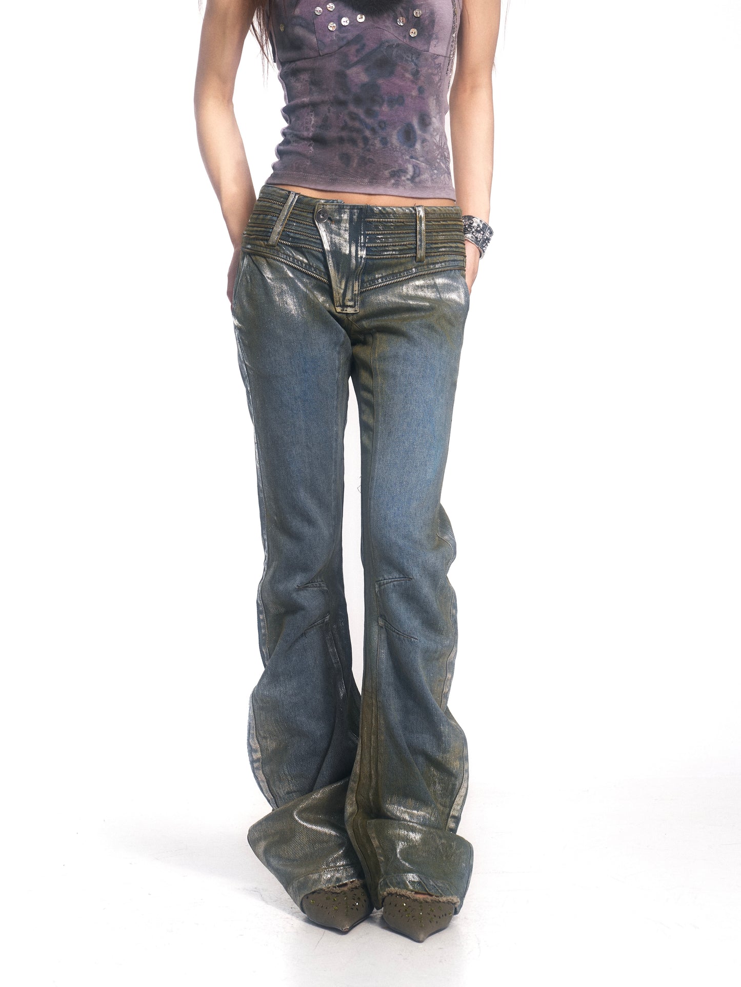 Vintage Washed Denim Jeans with Silver Foil & Curved Hem