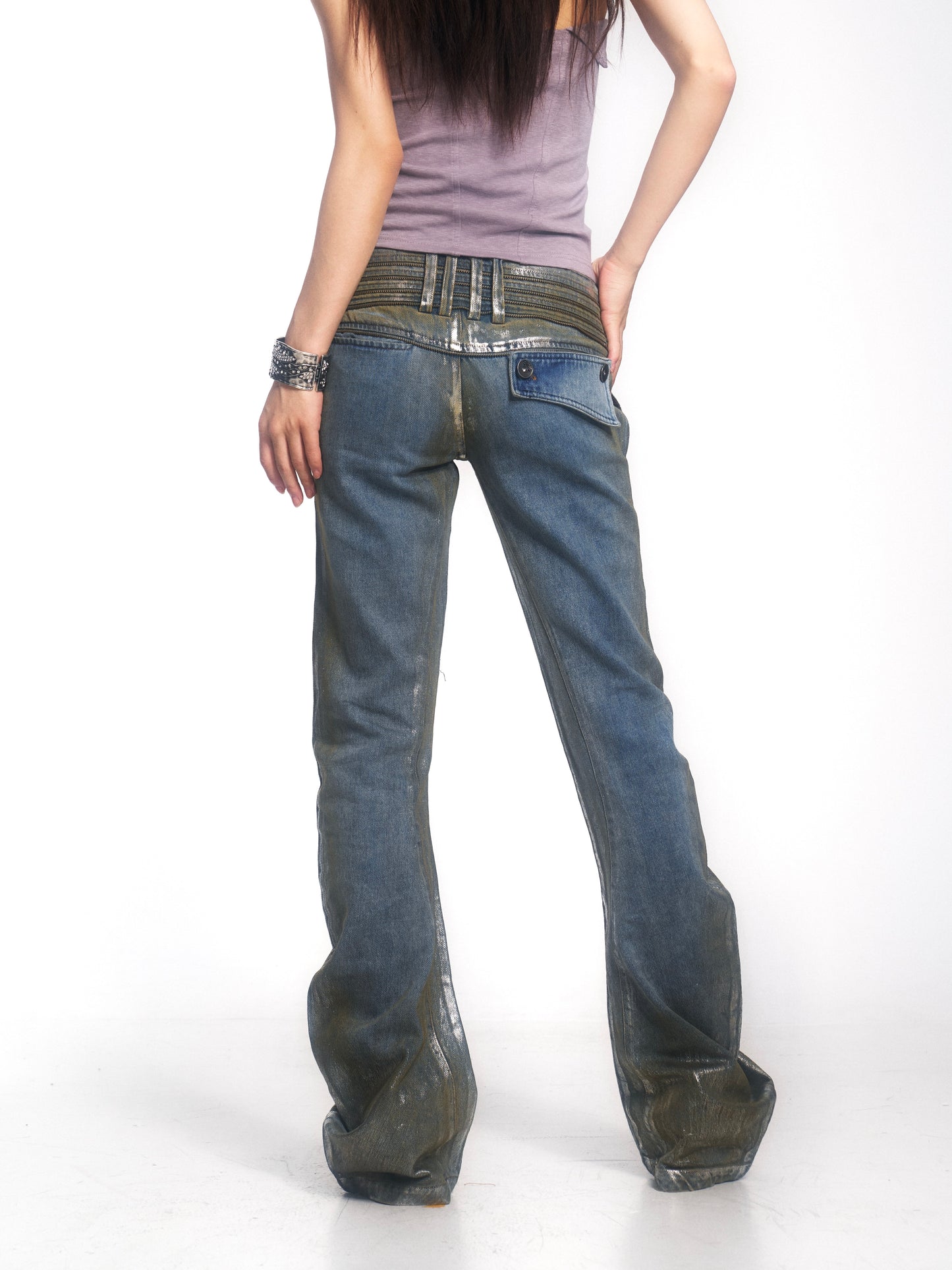 Vintage Washed Denim Jeans with Silver Foil & Curved Hem