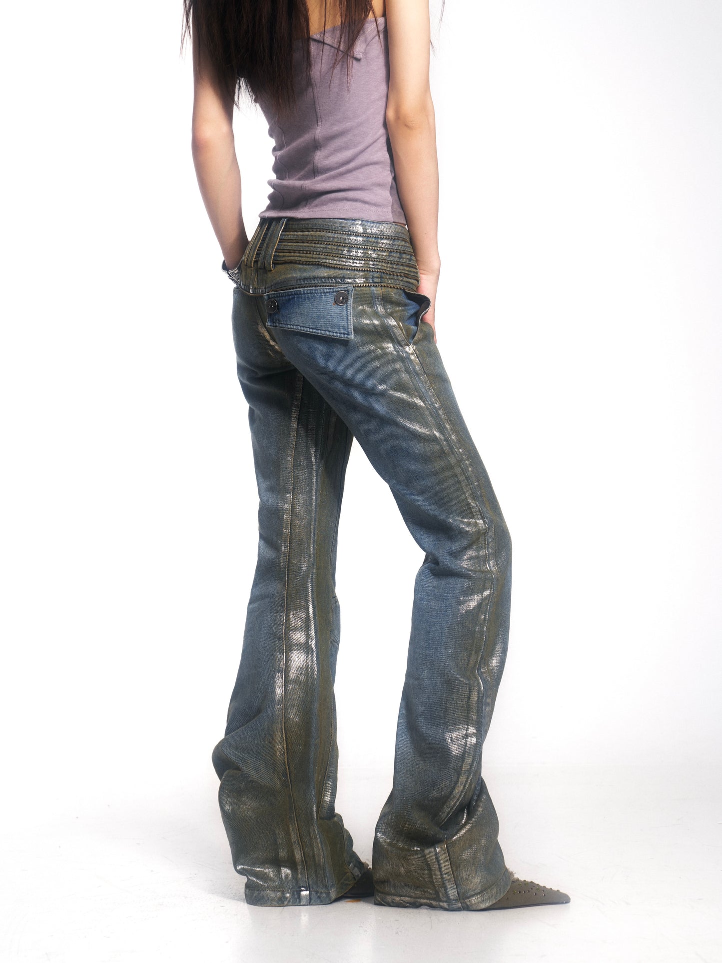 Vintage Washed Denim Jeans with Silver Foil & Curved Hem