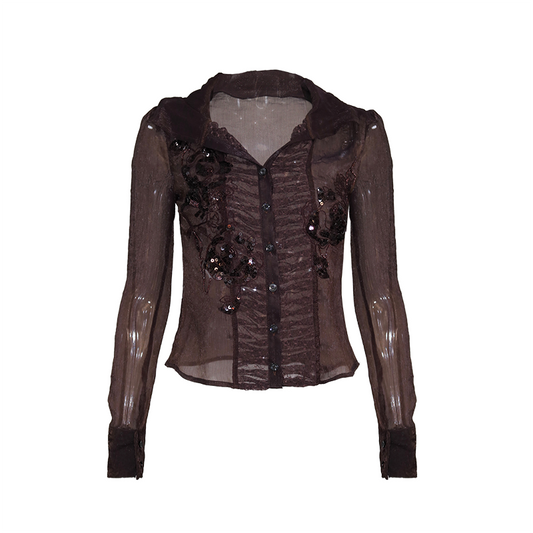 Brown Long-Sleeve Chiffon Blouse with Beaded Embroidery Panels