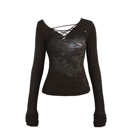 Sequin-Embroidered Pattern Long-Sleeve Knit Top with Cross-Over Straps